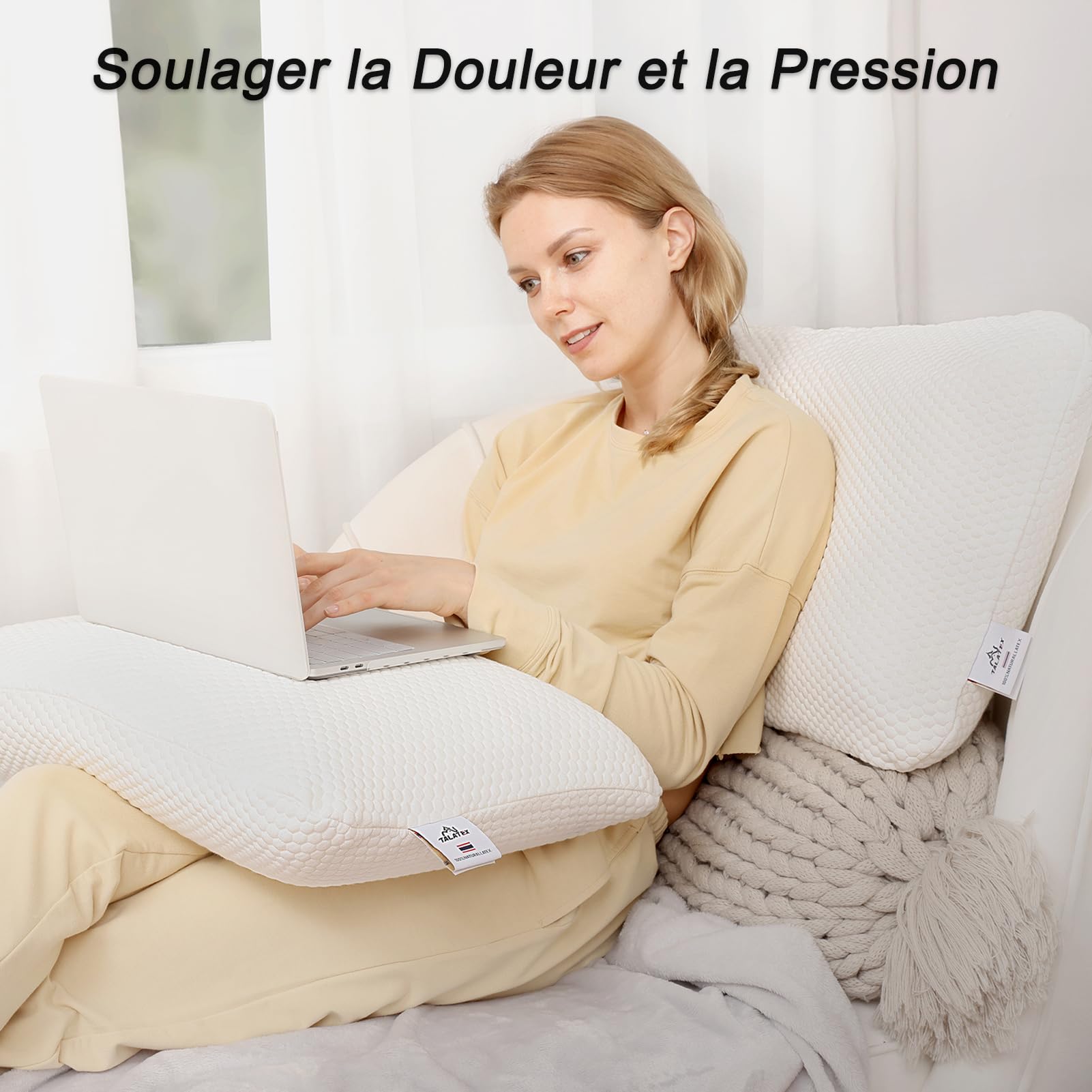 Talatex Oreiller en Latex Naturel 100% Pur, Aide à Soulager la Douleur et la Pression, Pas de Mousse à Mémoire de Forme, Oreiller en Latex Profond, Taille 60 x 40 x 13 cm, Lavable avec Taie en Tencel