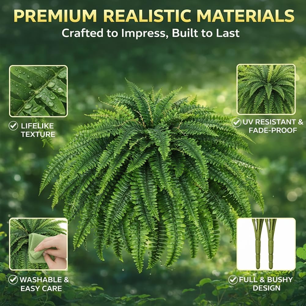 UV Resistant Artificial Boston Ferns, Lifelike Faux Greenery with 38/60/88 Silk Leaves, No Fade Fake Stems for Outdoor Front Porch, Urn Fillers, Indoor Decor (2, 38 Leaves)