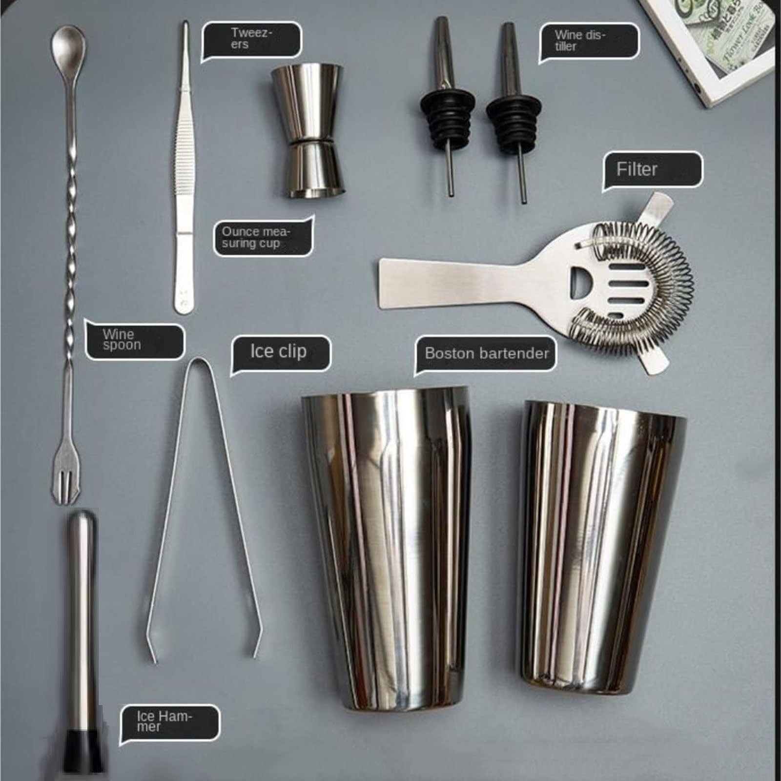 Ensemble de Shaker à Cocktail en Acier Inoxydable, Machine à Cocktail avec Support en Bois, Outil de Shaker, Ensemble de Fournitures de Bar pour mélange de Boissons, 10 pièces