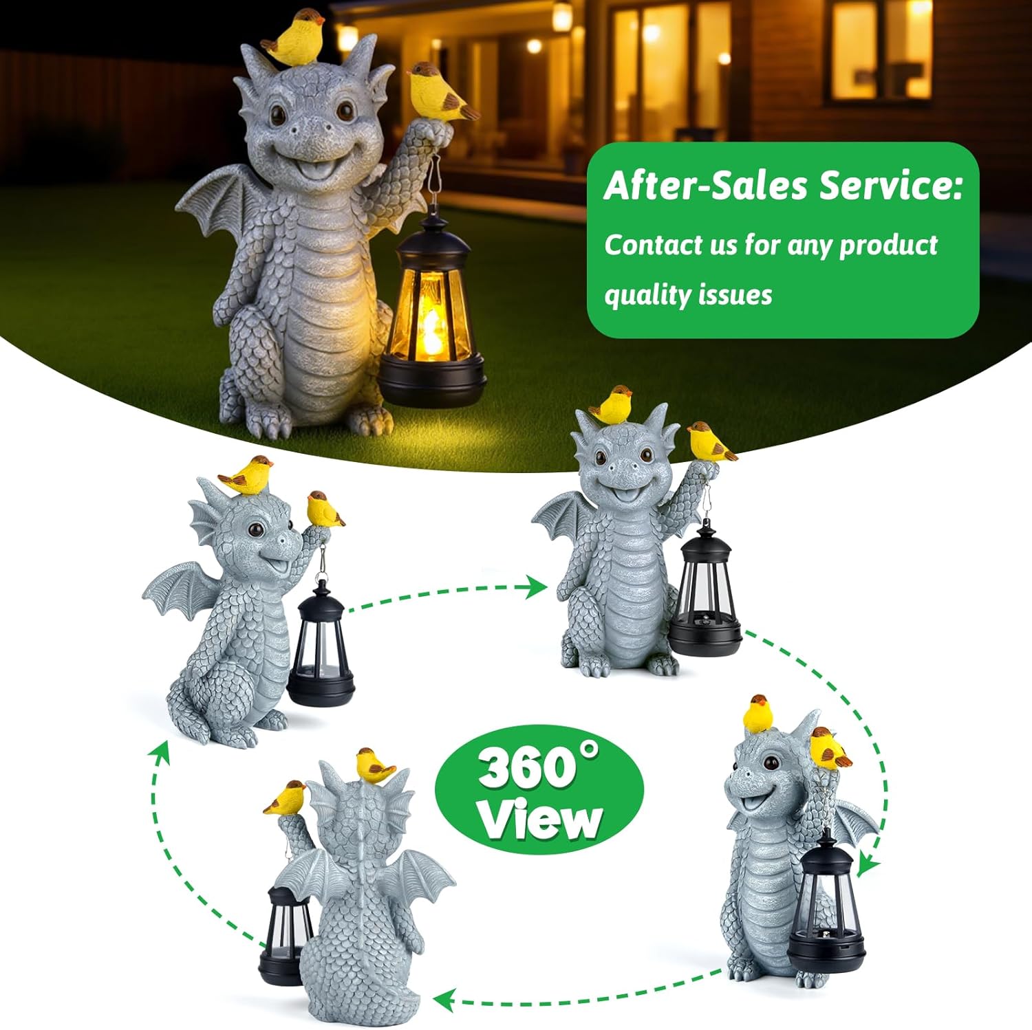 ILLUMINEW Solar Dragon Garden Statue with Lantern and Birds – Resin Dinosaur Figurine with LED Light for Yard, Outdoor Decor, Gifts for Mom, Women (Dragon) - Image 3