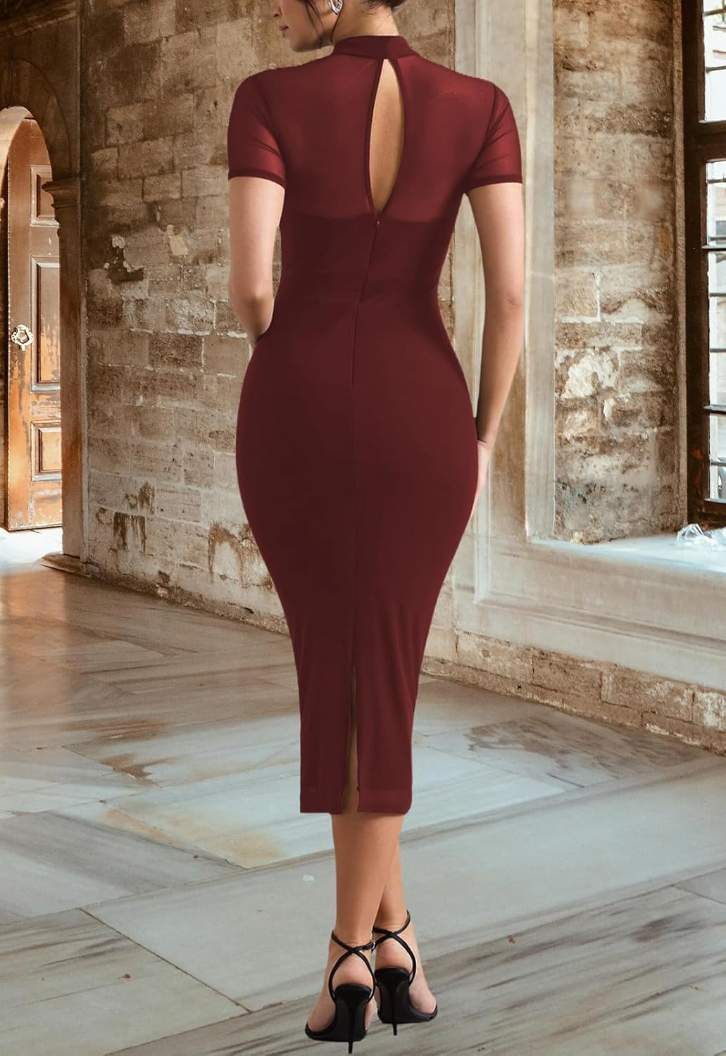 Women's Casual Mesh Elastic Double Layer Mock Neck Short Sleeve Keyhole Back Slit Midi Bodycon Dress - Image 8