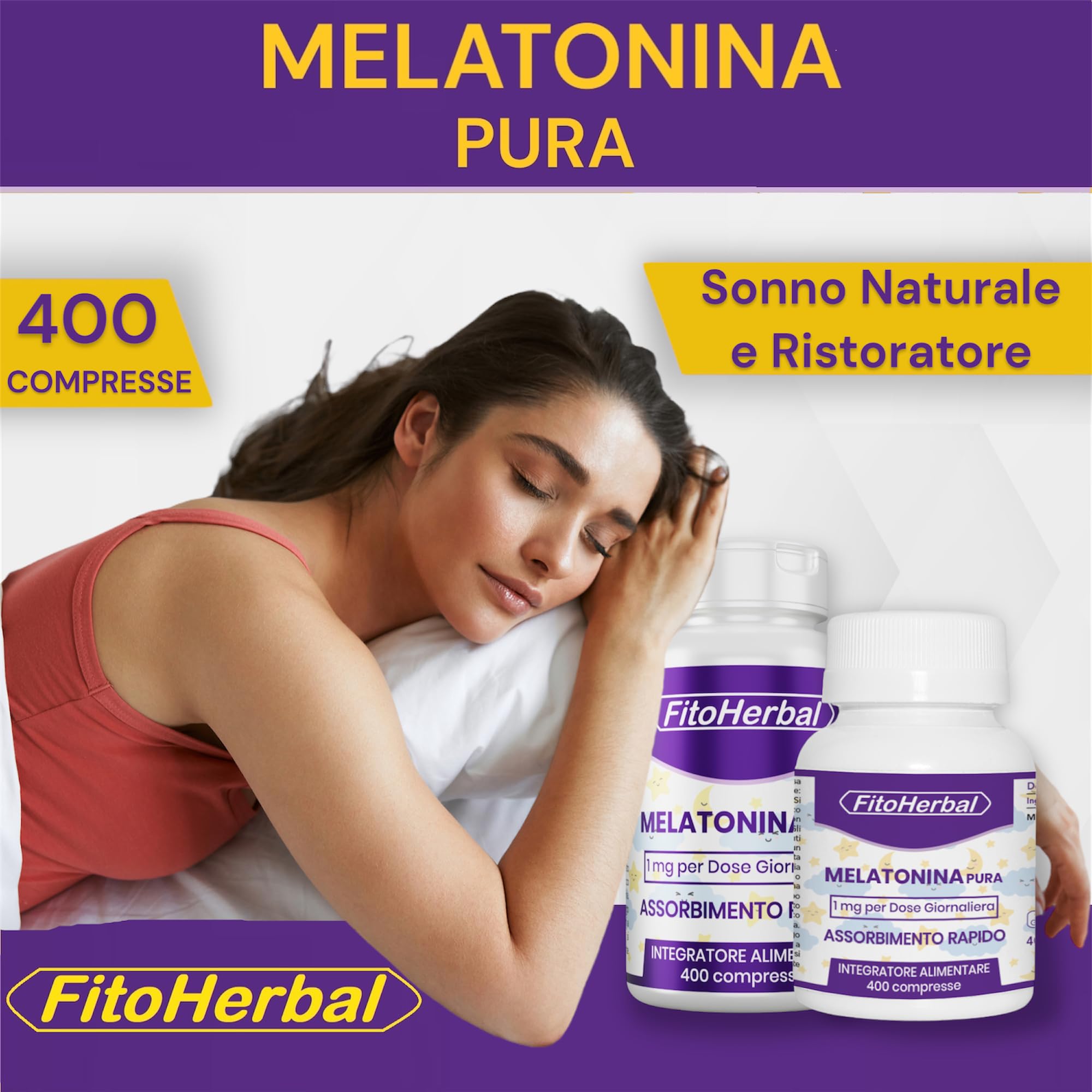 FitoHerbal Melatonina Pura Forte 1 mg 400 Mini Compresse Integratore per Dormire Sonno Naturale