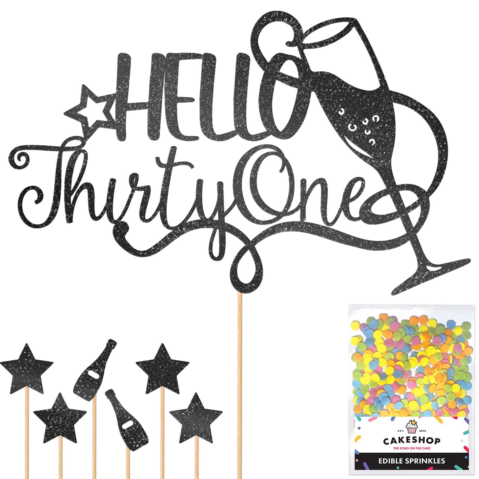 Personalised Champagne/Prosecco Flutes Glitter Cake Topper - Black Custom Age Glitter Cake Decoration and Sprinkles - Happy Birthday Decorations - Personalised Toppers for Cakes by Cakeshop