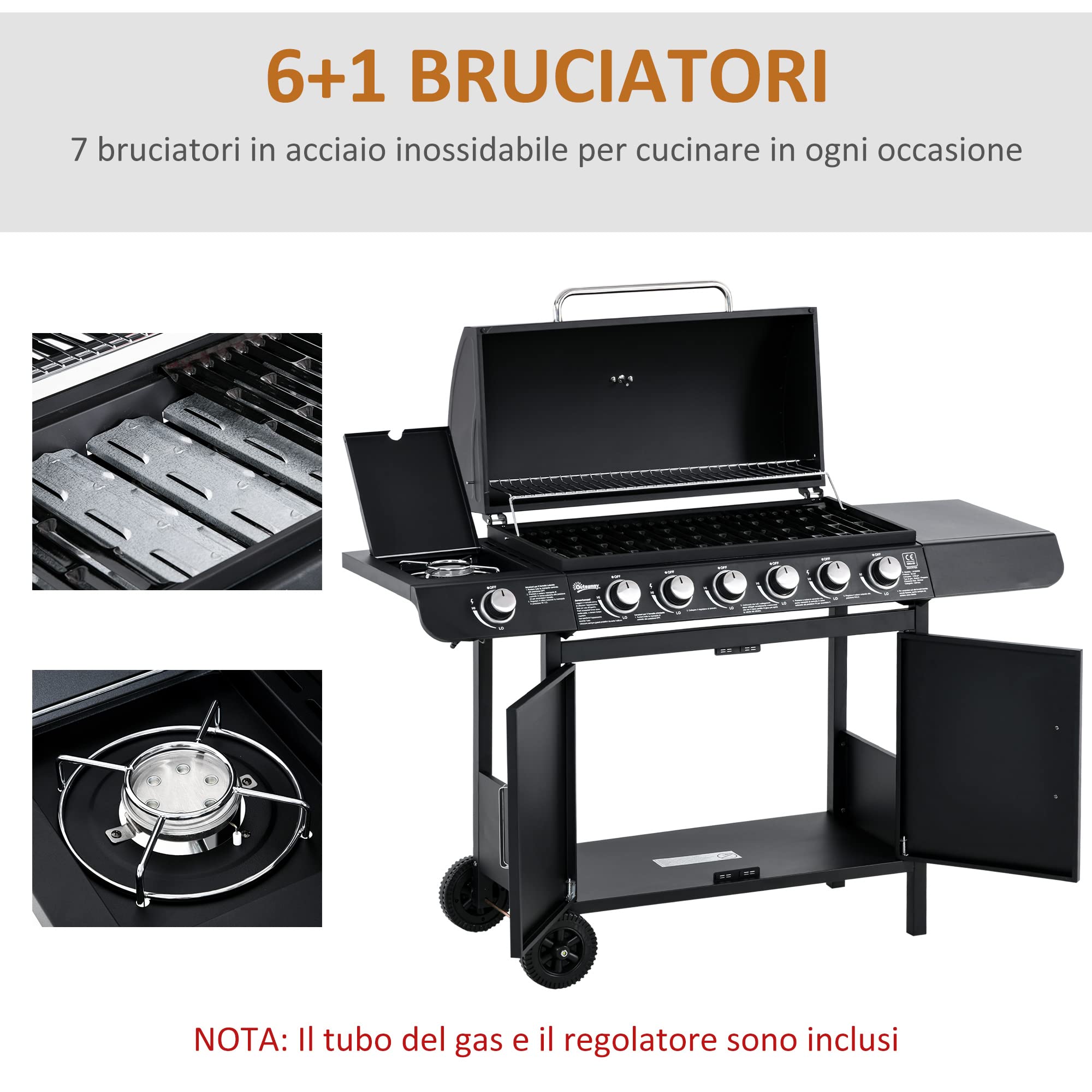 Outsunny Barbecue a Gas con Coperchio, 7 Bruciatori Totali da 20kW e Fornello Laterale, Termometro, Mensola e 2 Ruote, 135x50x100cm Nero