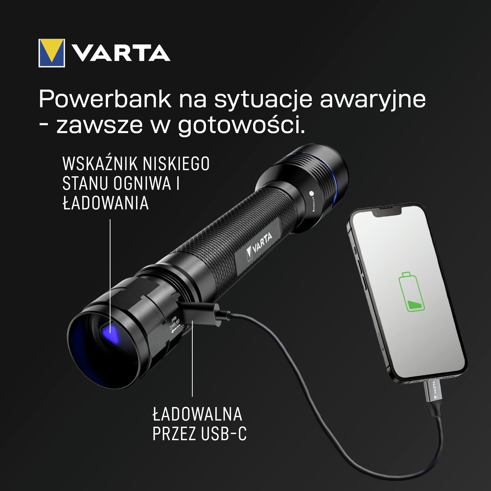 VARTA Latarka LED, Night Cutter Pro F40R, adowalna, z funkcją powerbanku, do użytku na zewnątrz i w domu, 2000 lm, wodoodporna IP67, aluminium lotnicze, precyzyjna regulacja ostrości, w tym smycz