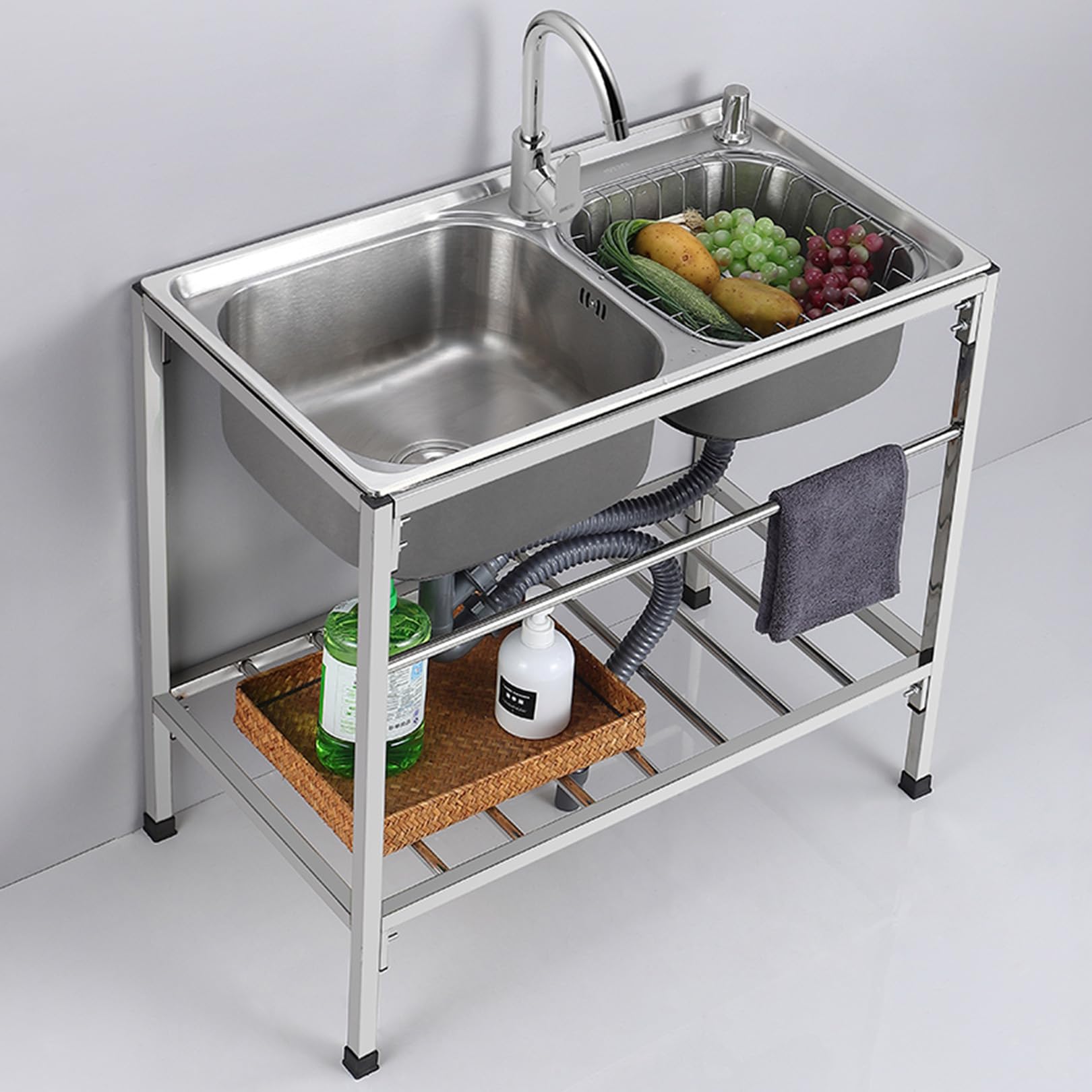 Lavello Acciaio Inox 304 A Una Vasca Con Ripiano | Lavello Da Cucina Commerciale 60x45x75 Cm Con Rubinetto - Foto 5