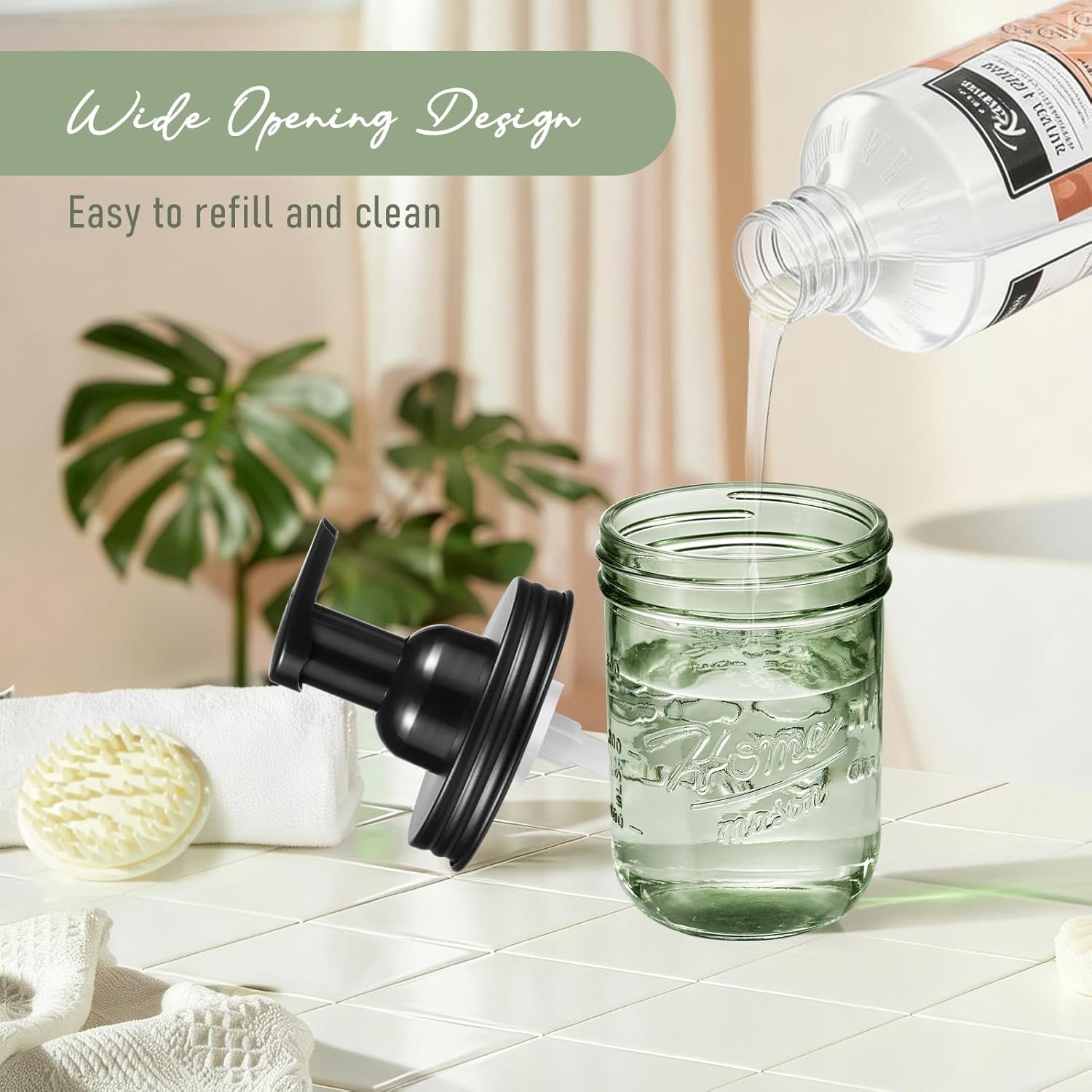 SheeChung 4Pcs Ribbed Glass Qtip Holder, Bathroom Organizers and Storage & 2 Mason Jar Foaming Soap Dispenser, Refillable Green Glass Foam Hand Soap Dispenser, Farmhouse Bathroom Decor