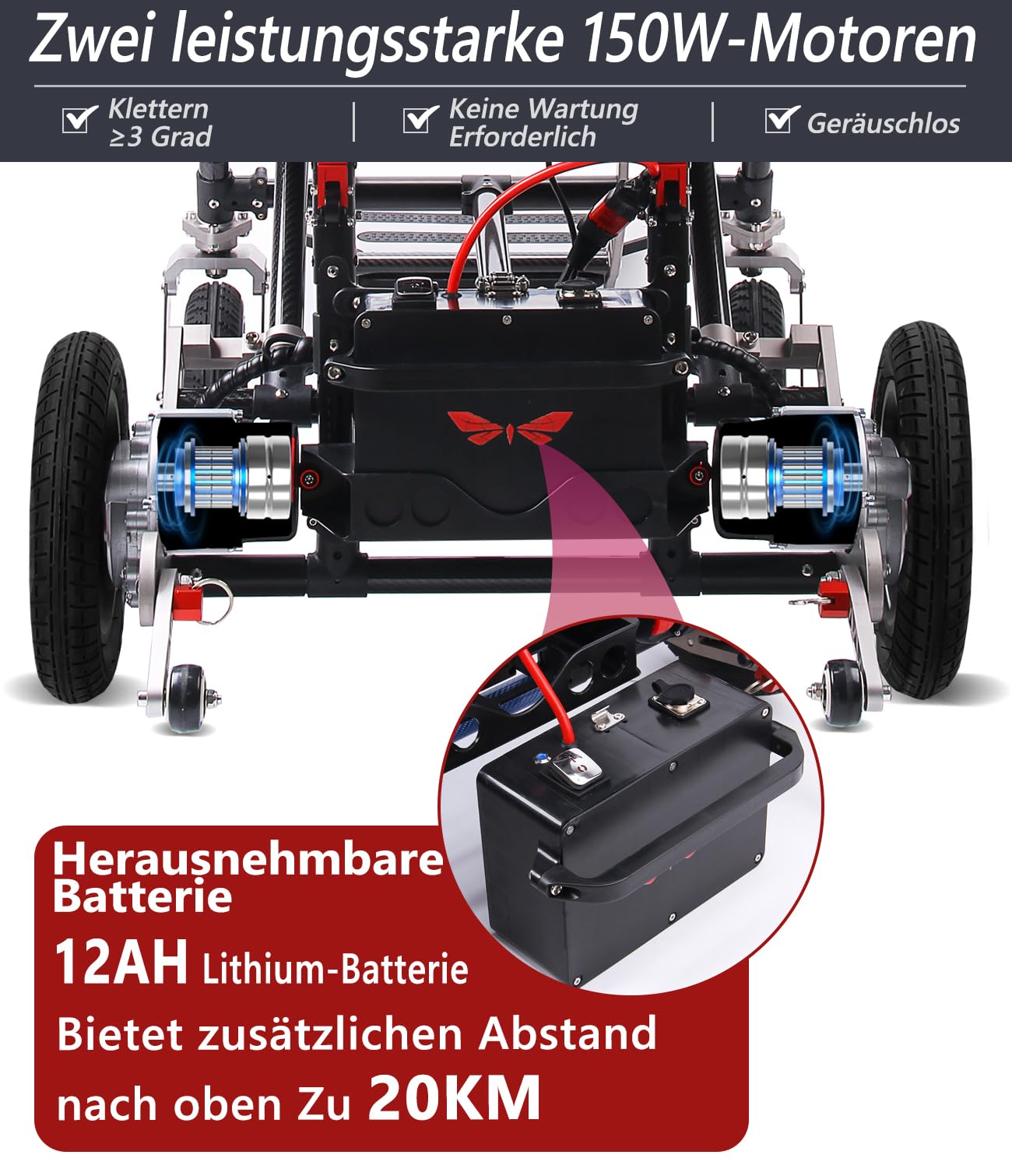Silla de ruedas eléctrica ultraligera de fibra de carbono (17 kg) | Capacidad de carga: 120 kg y autonomía: 25 km | Batería: 12 Ah