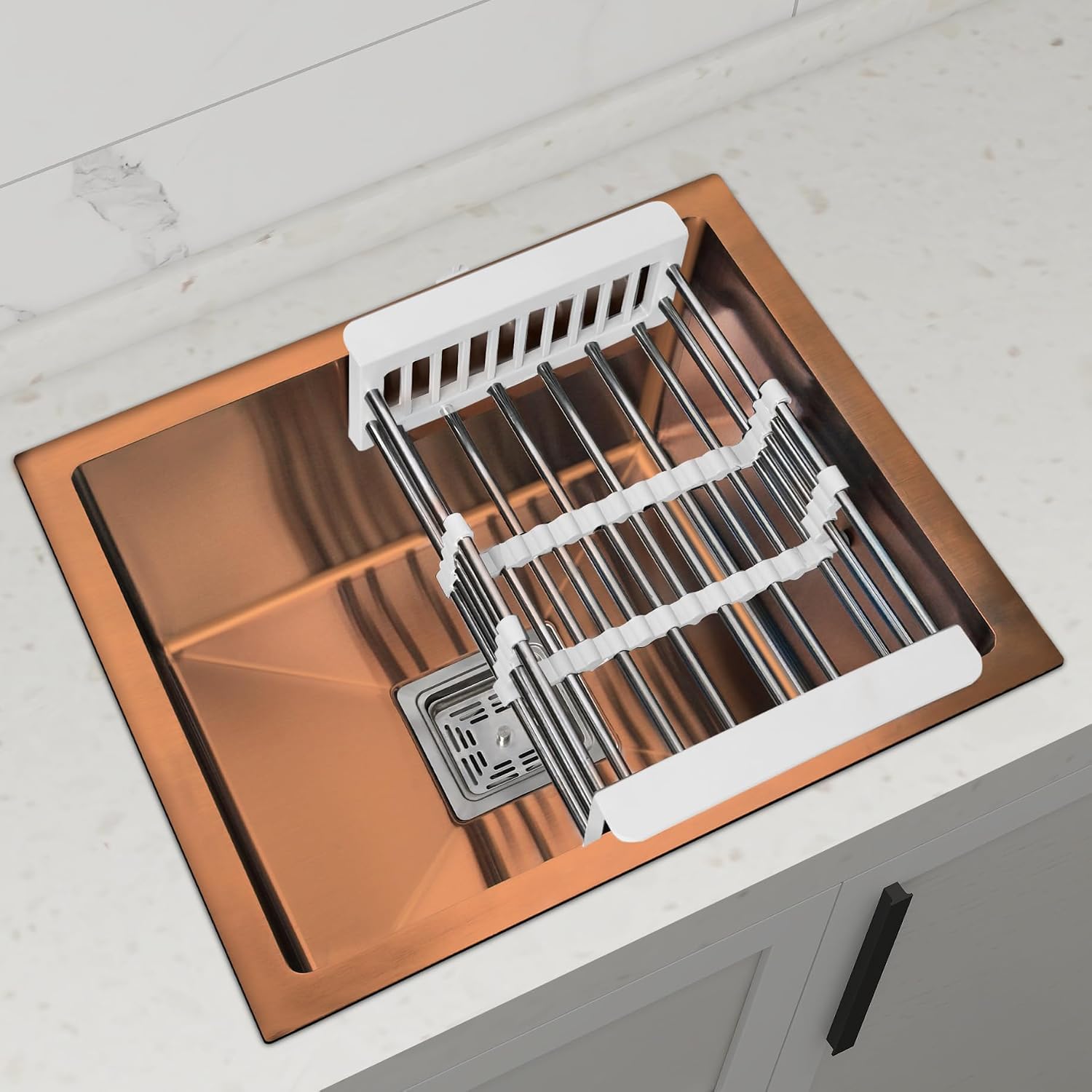 Plantex Single Bowl Sink for Kitchen/Stainless Steel Kitchen Sink with Square Coupling, Hose Pipes and Adjustable Drain Rack (18x16 Inches - Rose Gold)