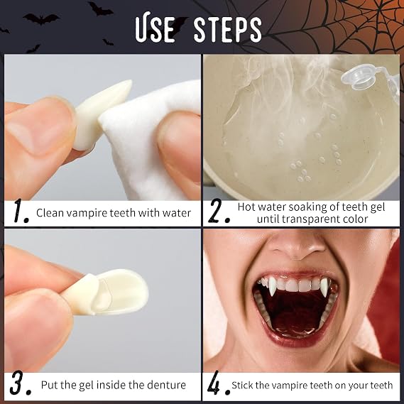Vampire Teeth, 12 Pairs 4 Size Vampire Fangs with 3 Teeth Glue