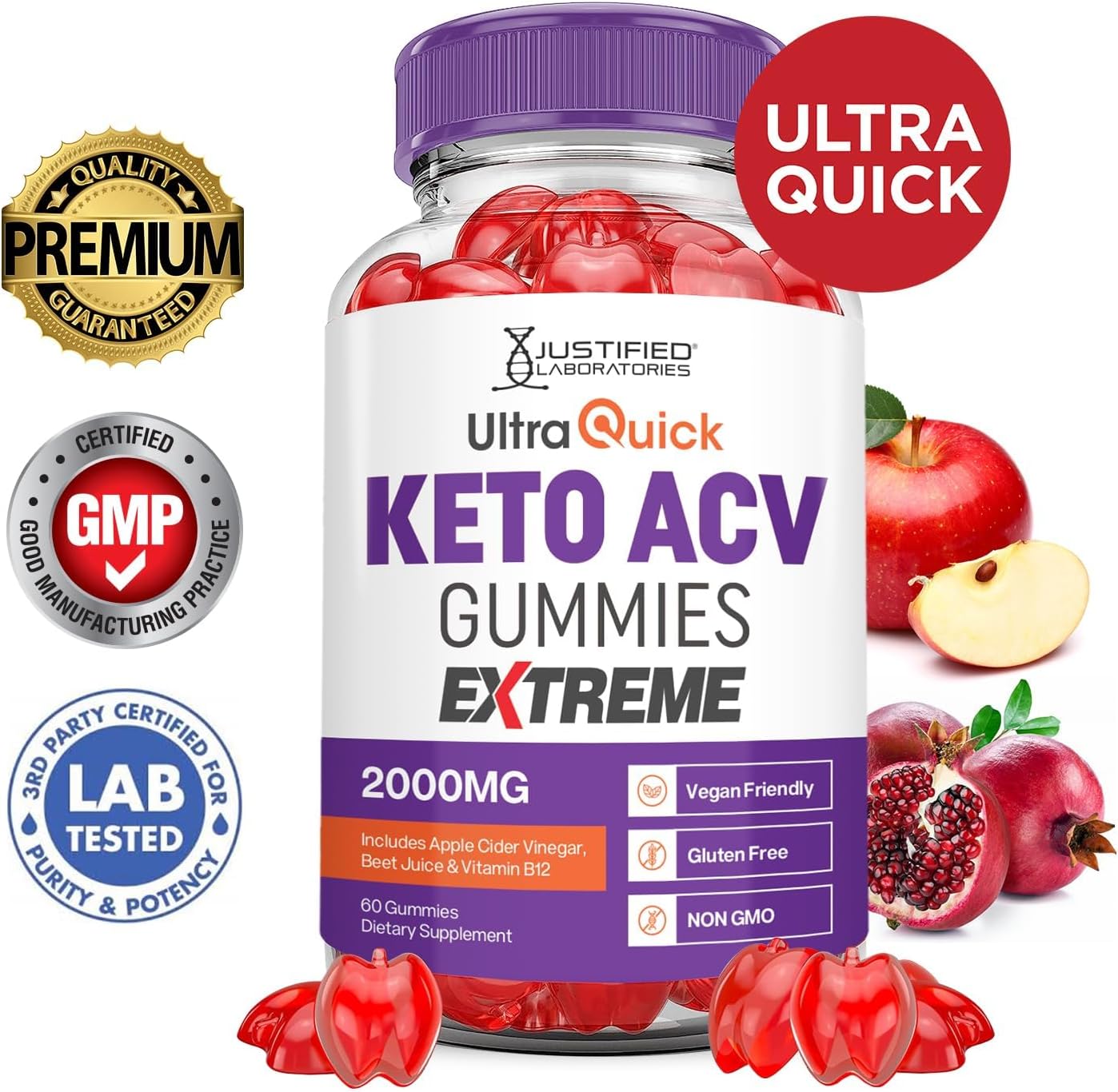 Justified Laboratories (3 Pack Ultra Quick Keto ACV Gummies Extreme 2000MG Ultraquick Keto Gummies Apple Cider Vinegar Formulated with Pomegranate Beet Juice Powder B12 Vegan Non GMO 180 Gummys