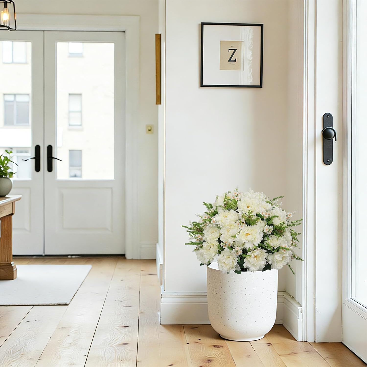 24” Artificial Flowers for Outdoors, Set of 2 Realistic Faux White Peonies in Cement Pots, UV Resistant Fake Plants Look Real for Front Porch, Entryway & Indoor Spring Decor