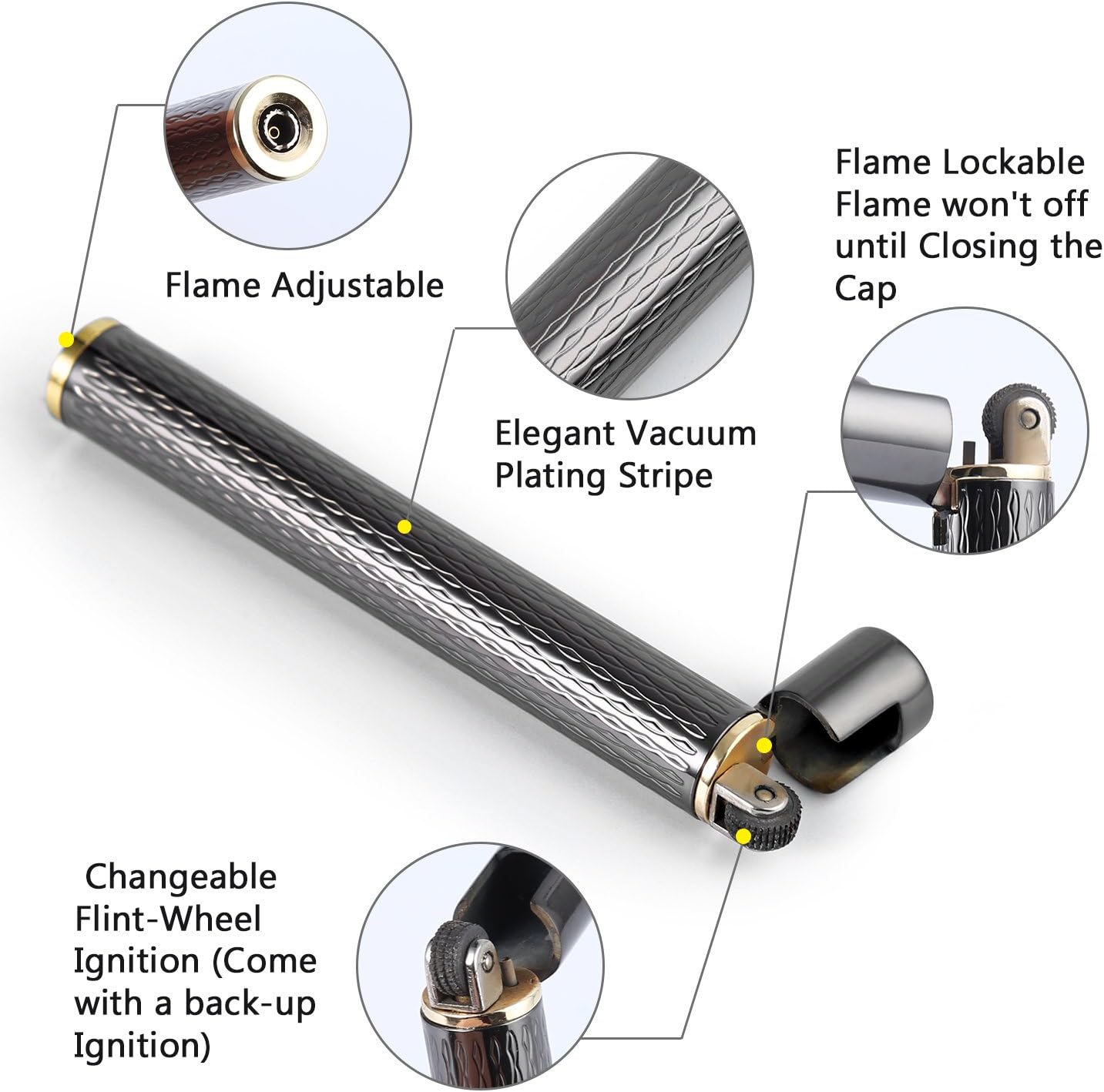 Diagram showing the components of the Yusud Butane Fuel Lighter, including flame adjustable valve, elegant vacuum plating stripe, flame lockable mechanism, and changeable flint-wheel ignition.