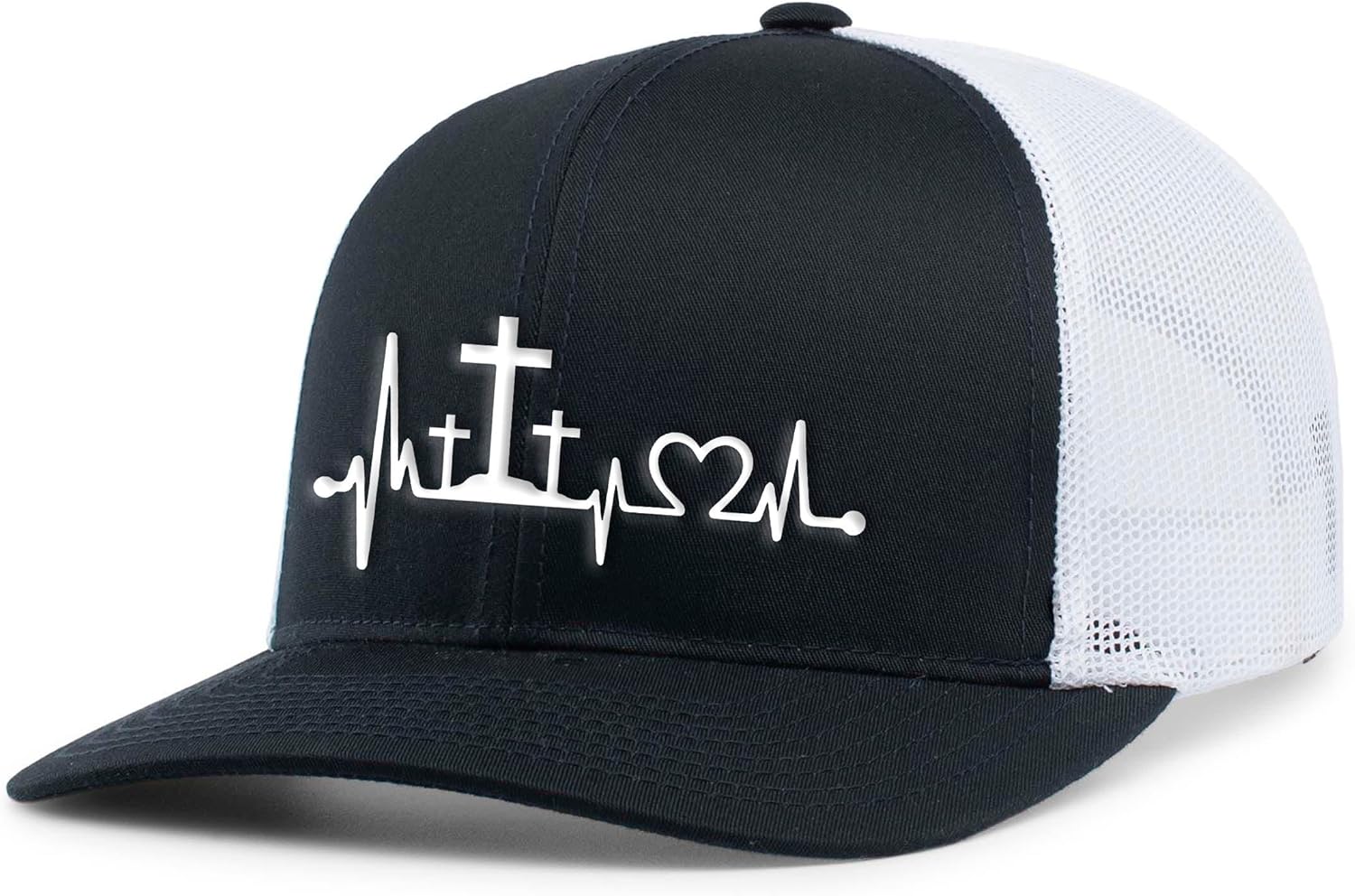 Mens Christian Hat Heartbeat Cross Embroidered Mesh Back Trucker Hat