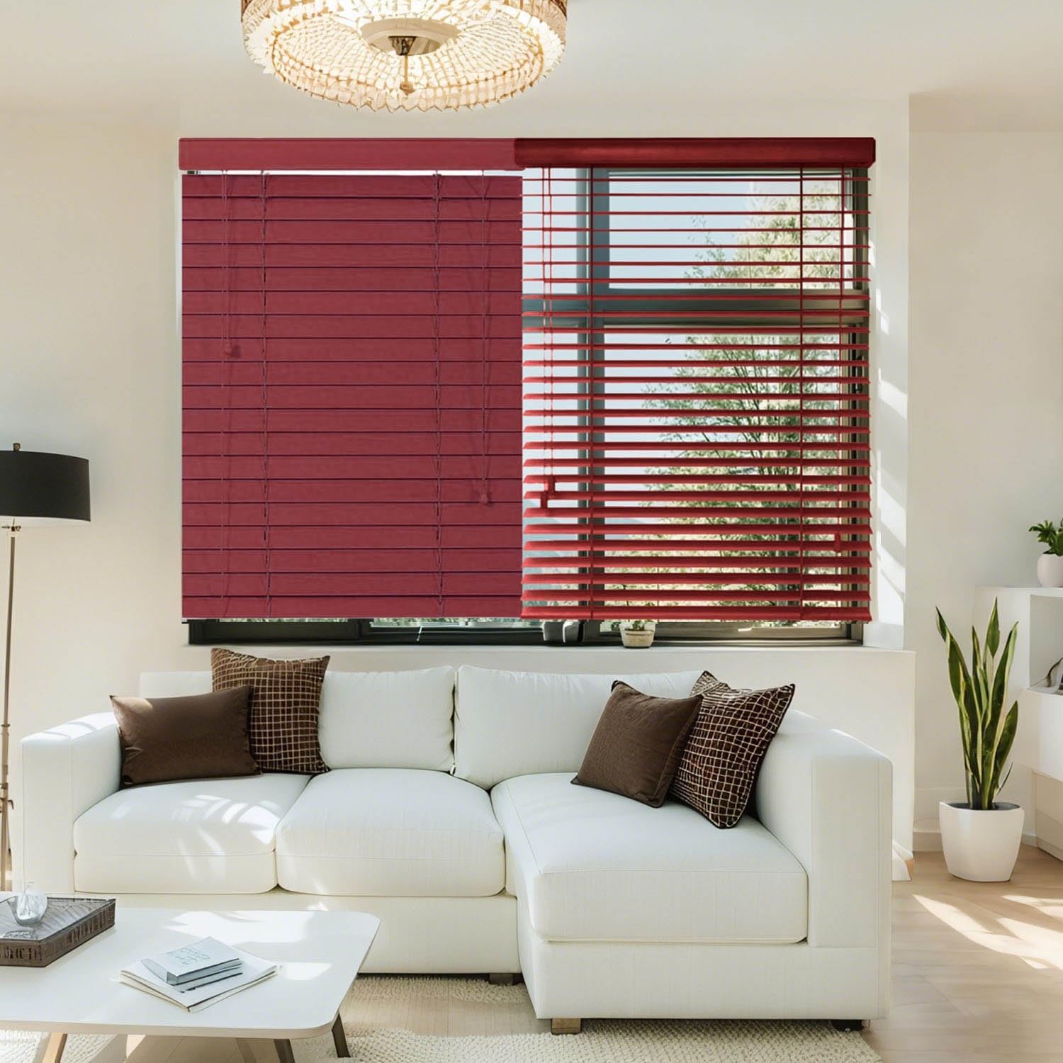 2" Slats Window Blinds Cordless Indoor Wood Blinds, Blackout Wooden Window Shades, Privacy Horizontal Blinds for Office, Bathroom, Living Room W 20" 28" 32" 38" 45" 48" 60" 64" 70"(Burgundy)
