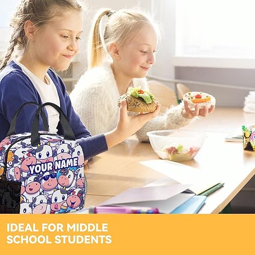 Miniatura 7 de Lonchera personalizada de vaca para niños, lonchera aislada para niñas, bolsas de almuerzo ligeras y lindas con correa para el hombro, pequeña bolsa
