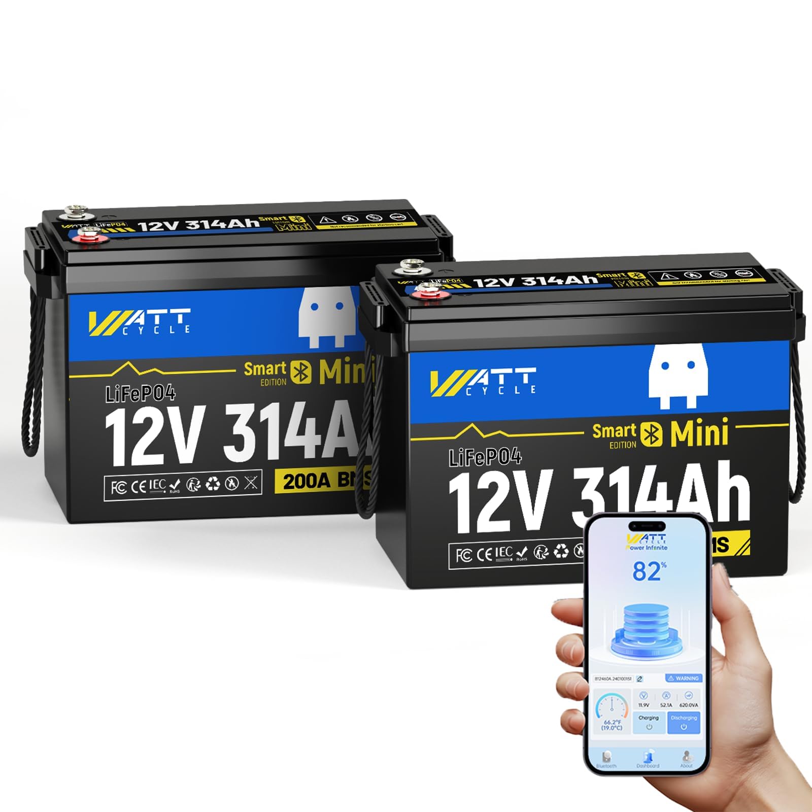 12V 314Ah Lithium LiFePO4 Battery Mini with Bluetooth 5.0 BMS 200A, 4.01kWh Energy, Upgraded Aluminum Cooling Fins &amp; Braided Copper Wires, upporting devices over 2000W (2 PACK)