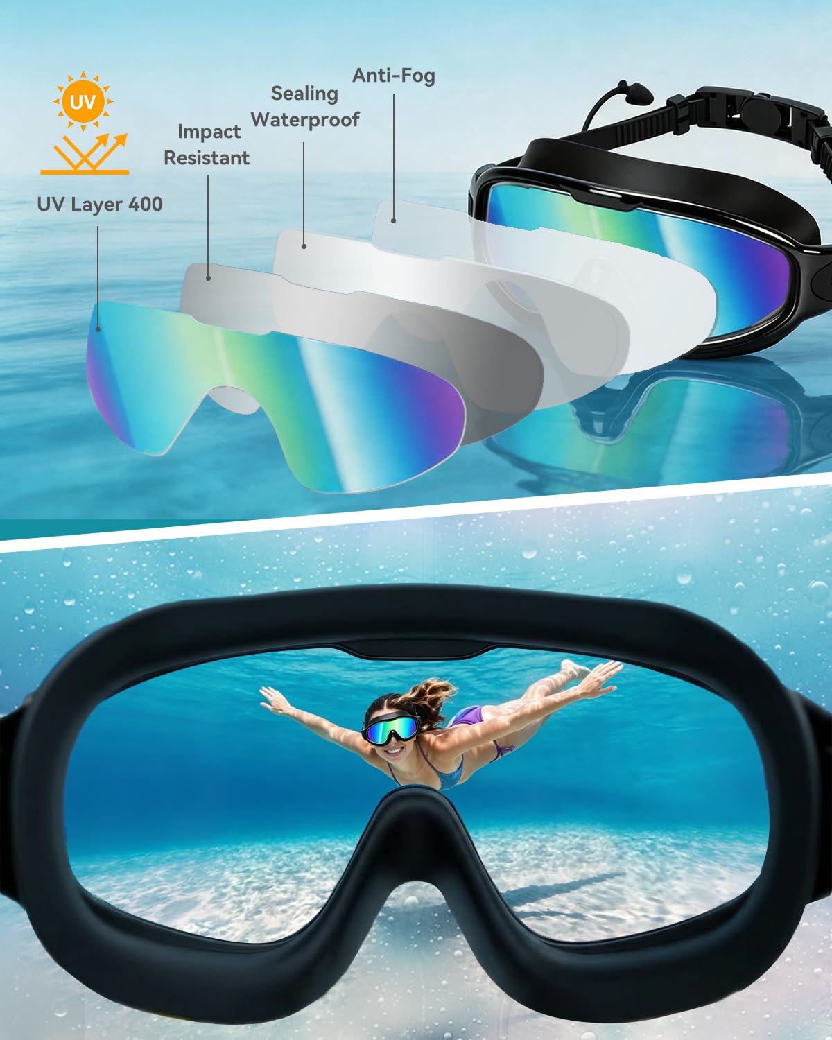 Schwimmbrille für Erwachsene, Anti-Beschlag, UV-Schutz, breite Sicht, kein Auslaufen, HD, mit Nasenstöpsel, Ohrclip, für Damen, Herren, Jugendliche, Kinder, 2 Stück