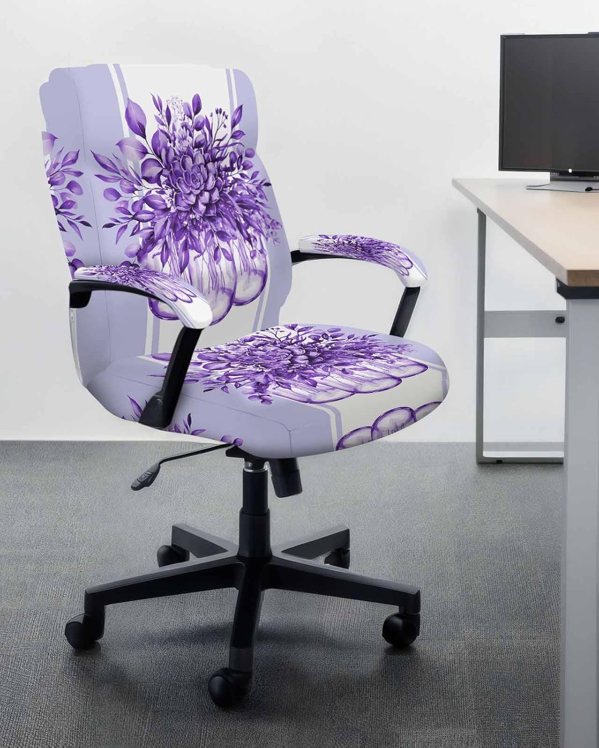 Purple Botanical Office Chair Covers with Armrest Covers, Rotating Chair Cover, Spring Summer Eucalyptus Leaves Armchair Slipcovers Decorative Backrest and Seat Protectors, Large