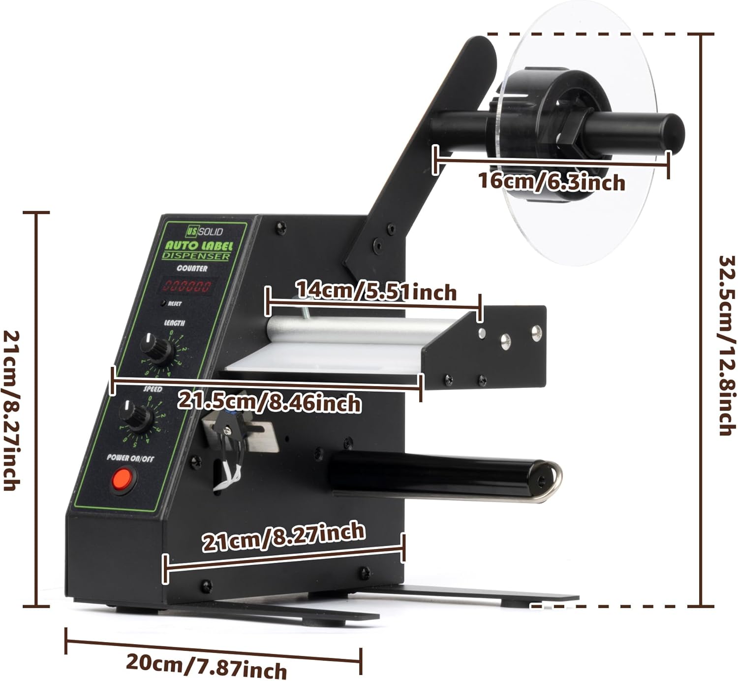 U.S. Solid Automatic Label Dispenser | Multi-Row Auto Counting 0-999999 | Label Width 0.16-5.51 in, Length 0.12-5.91 in | Adjustable Speed