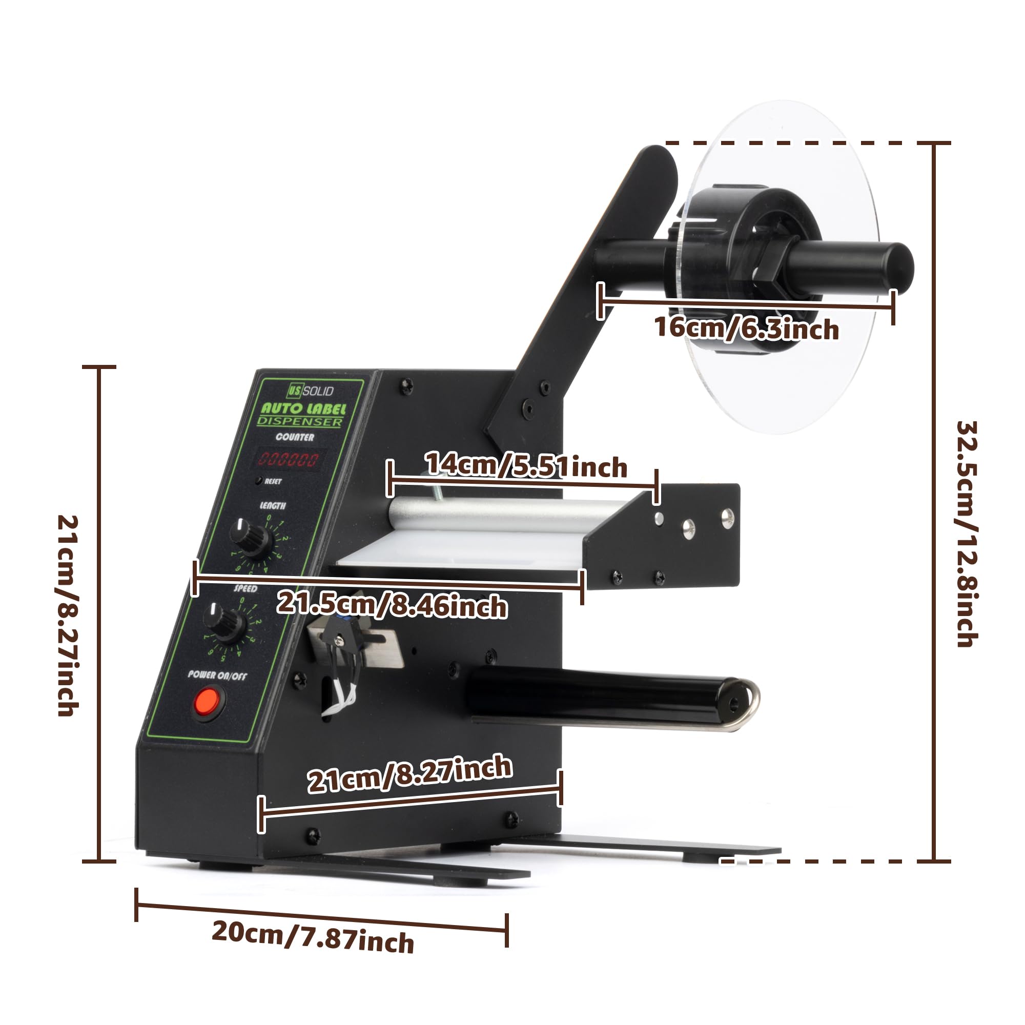 U.S. Solid Distributore automatico di etichette con contatore (0–999999) – Larghezza 4–140 mm, lunghezza 3–150 mm, velocità regolabile