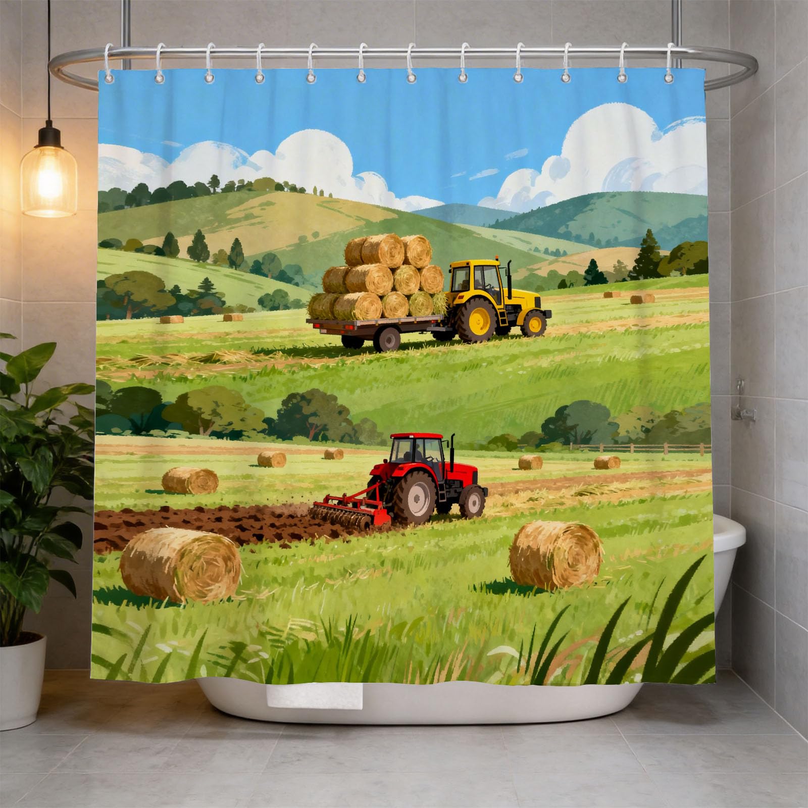 Hongduo 3D Farm Tractor Shower Curtain for Stalls Bathtubs Country Landscape Bathroom Decor Shower Curtain Set Polyester Fabric Waterproof 120x180cm/48X71 Inch with Hooks