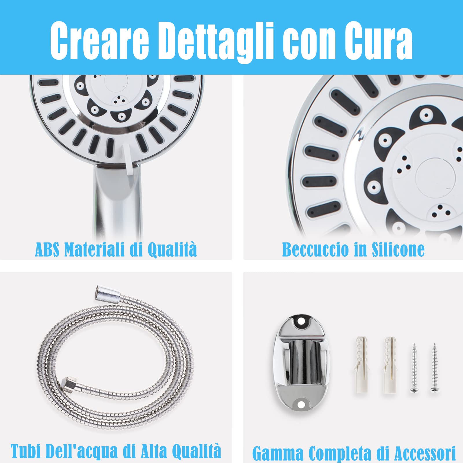 Soffione Multifunzionale+Tubo Doccia Universale 3 Modelli di Uscita,Ugello in Silicone Resistente al Calcare e Allo Sporco,Finitura Cromata,Facile da Installare e Pulire (Tre Marce-06605)