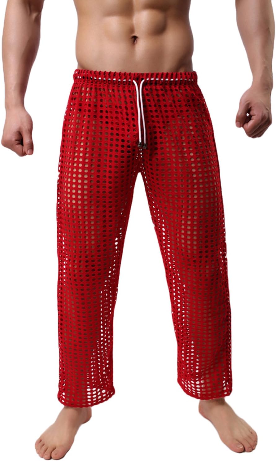 sandbank Men’s Sexy Mesh Hollow Openwork Drawstring Lounger Long Pants Pajamas Bottoms