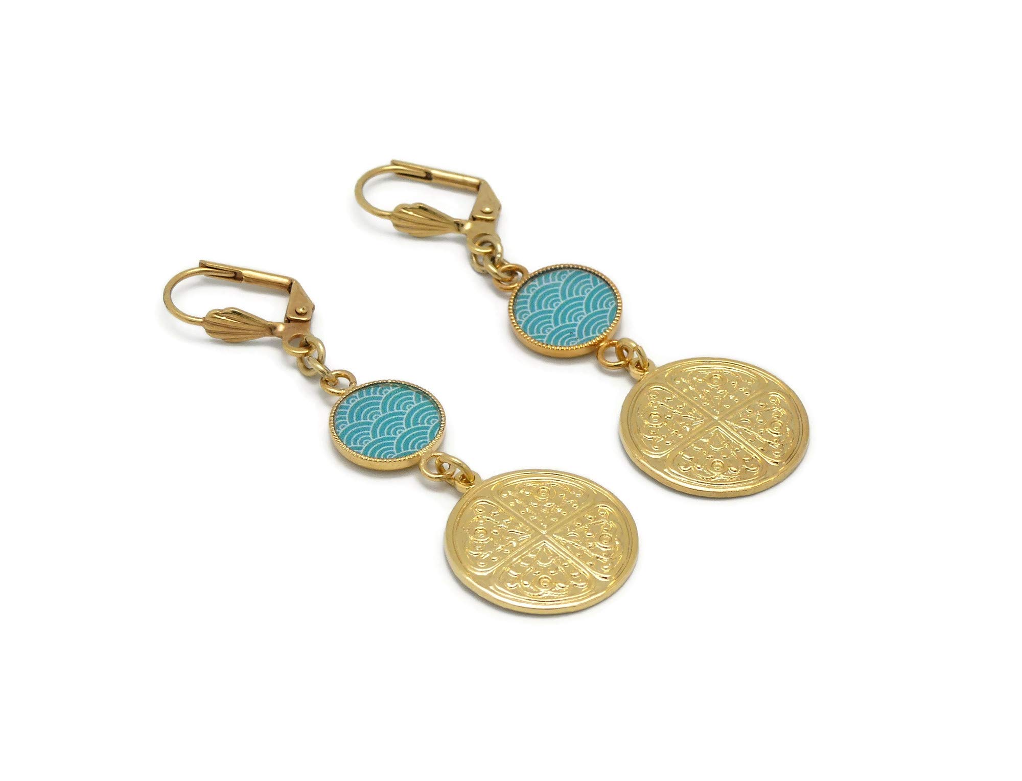 Boucles d'oreilles trèfle résine motif japonais vagues légères - 3