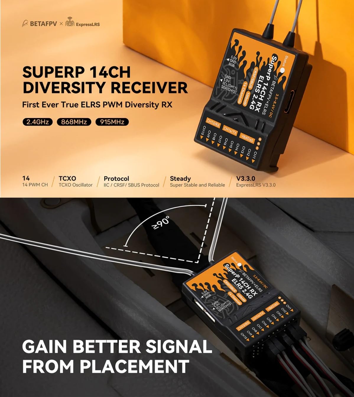 SuperP - Receptor de diversidad PWM de 14 canales ELRS 915 MHz para RC FPV Drone Aviones, Barco y Coche