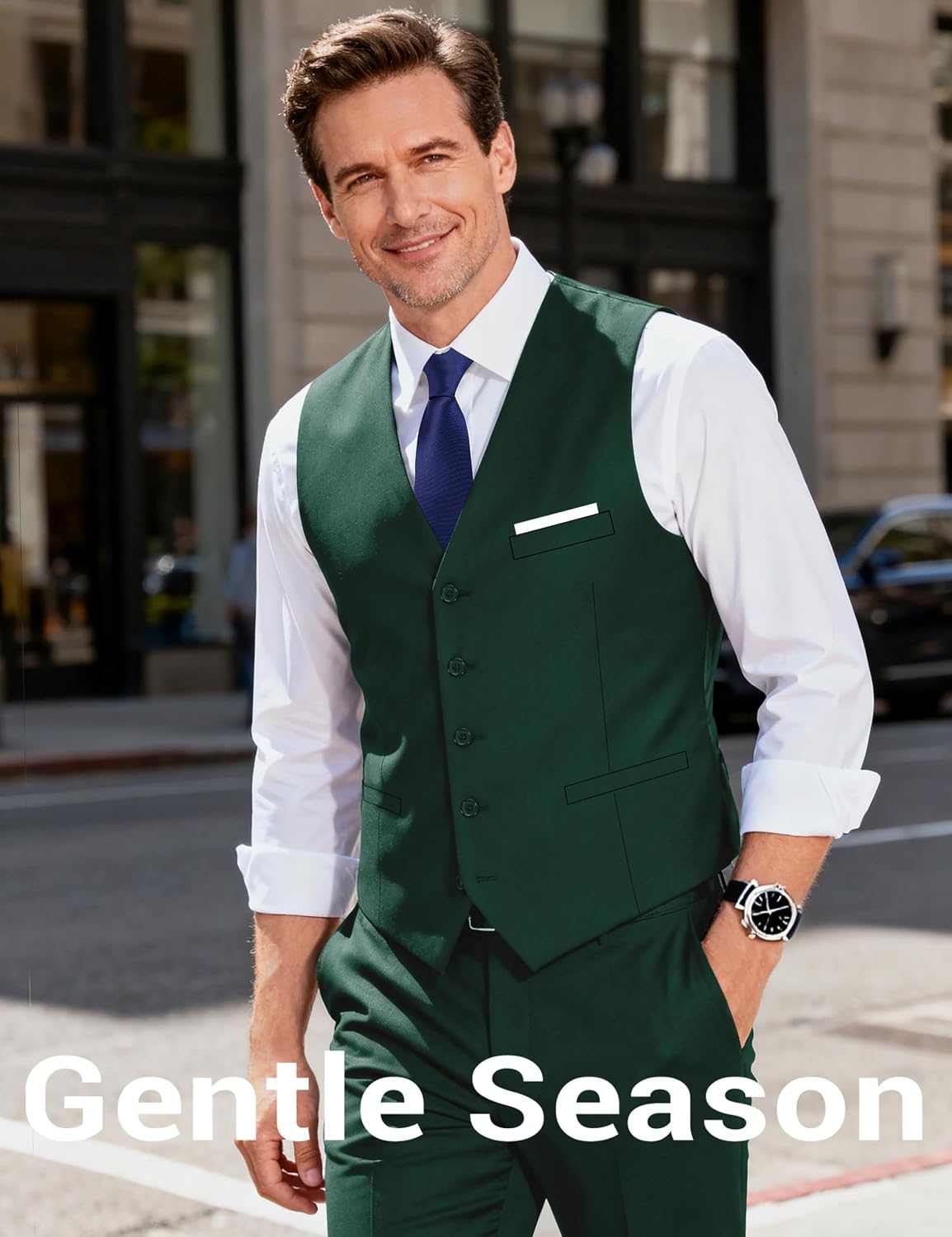 Suits Vests for Men Business Leisure Dress Suit Vests with Tie V-neck 3 Pockets Wedding Party Tuxedo Waistcoat Dark Green M