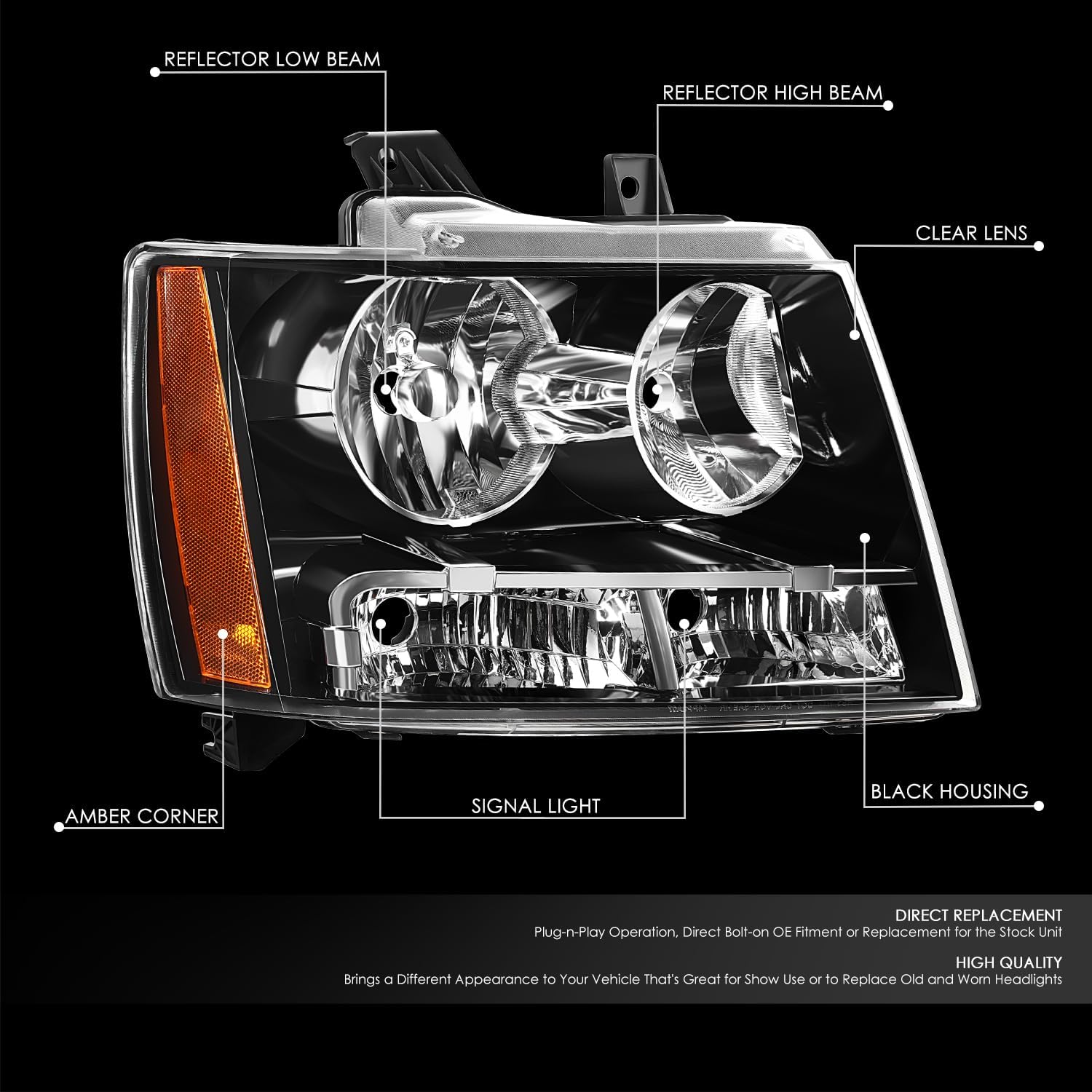 DNA MOTORING Right OE Style Headlight Compatible with 07-13 Chevy Avalanche, Suburban 2500/07-14 Suburban 1500, Tahoe, OEM-HL-0218-R