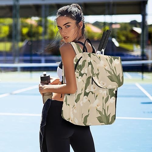 Miniatura 7 de Mochila de tenis para adultos, resistente al agua, retro, lirio de cala, beige, para tenis, bádminton, pickleball para raquetas de tenis