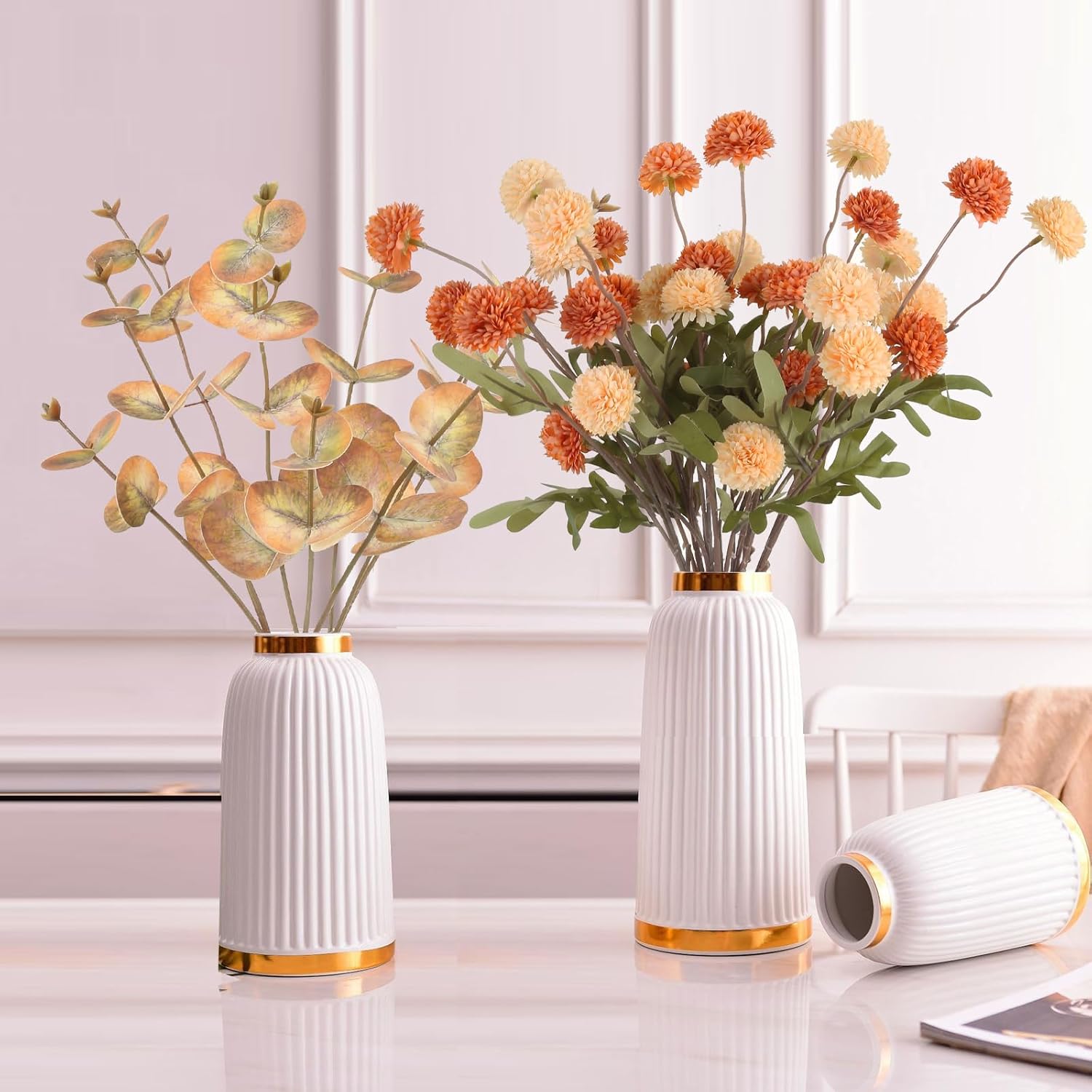 Pompom Mum Artificial Flowers,8 Stems Faux Kiku Flower with 3 Branches Eucalyptus Stems Mixed Orange Flowers Silk Pom Pom Balls for Wedding Bouquet Home Party Floral Arrangements(Mixed Orange)