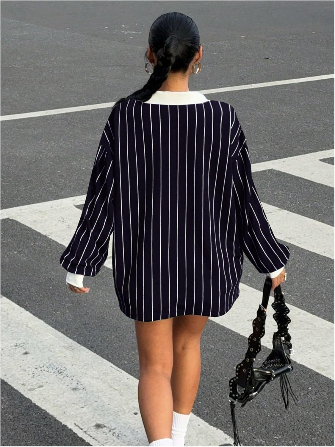 SOLY HUX Women's Oversized Tees Striped Letter Print Y2k Jersey T Shirt Collar V Neck Long Sleeve Loose Tops - Image 2