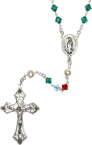 Rosario de oración católica hecho con piedras preciosas, cristal austriaco o vidrio Incluye bolsa de rosario, folleto Cómo rezar el rosario y mes