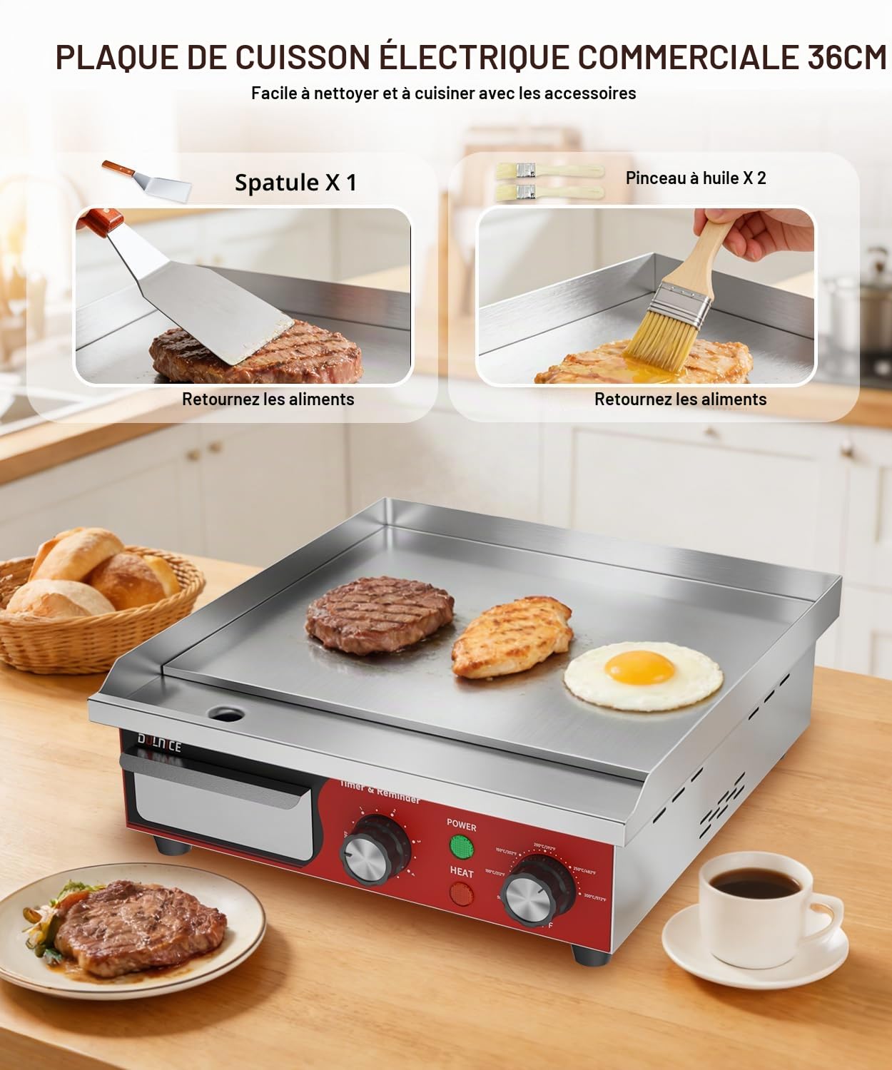 Plancha Électrique Professionnelle Inox 36cm, avec Minuterie 5min | 1700W Commerciale Plancha de Cuisson Grill Électrique, Thermostat Réglable 50-300°C, Grill de Table pour Restaurant et Maison
