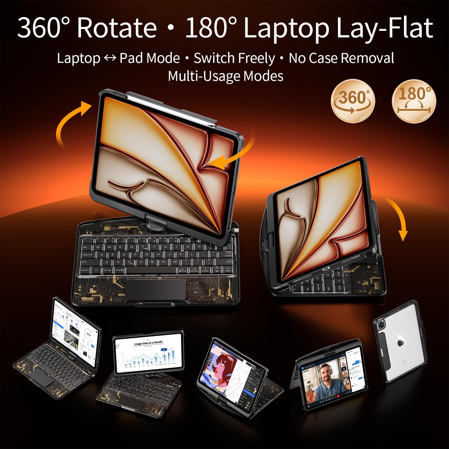 Transparent Keyboard Case for iPad Air 13 Inch (M4 2026/M3 2025/M2 2024) & iPad Pro 12.9" (6th/5th/4th/3rd Gen) - Multi-Touch Trackpad, 360° Rotating Stand, 7-Color Backlit, Pencil Holder, Black