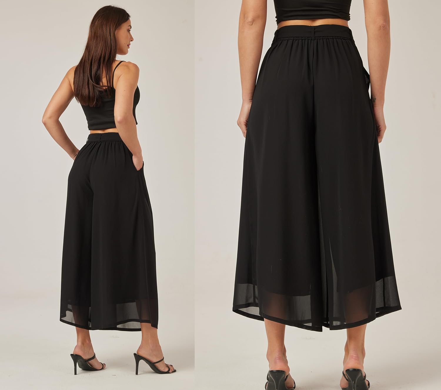 heipeiwa Women's Chiffon Wide Leg Palazzo Pants Summer Capris Crop Culotte Pants with Removable Belt Tie-Knot Beach Outfits - Image 4