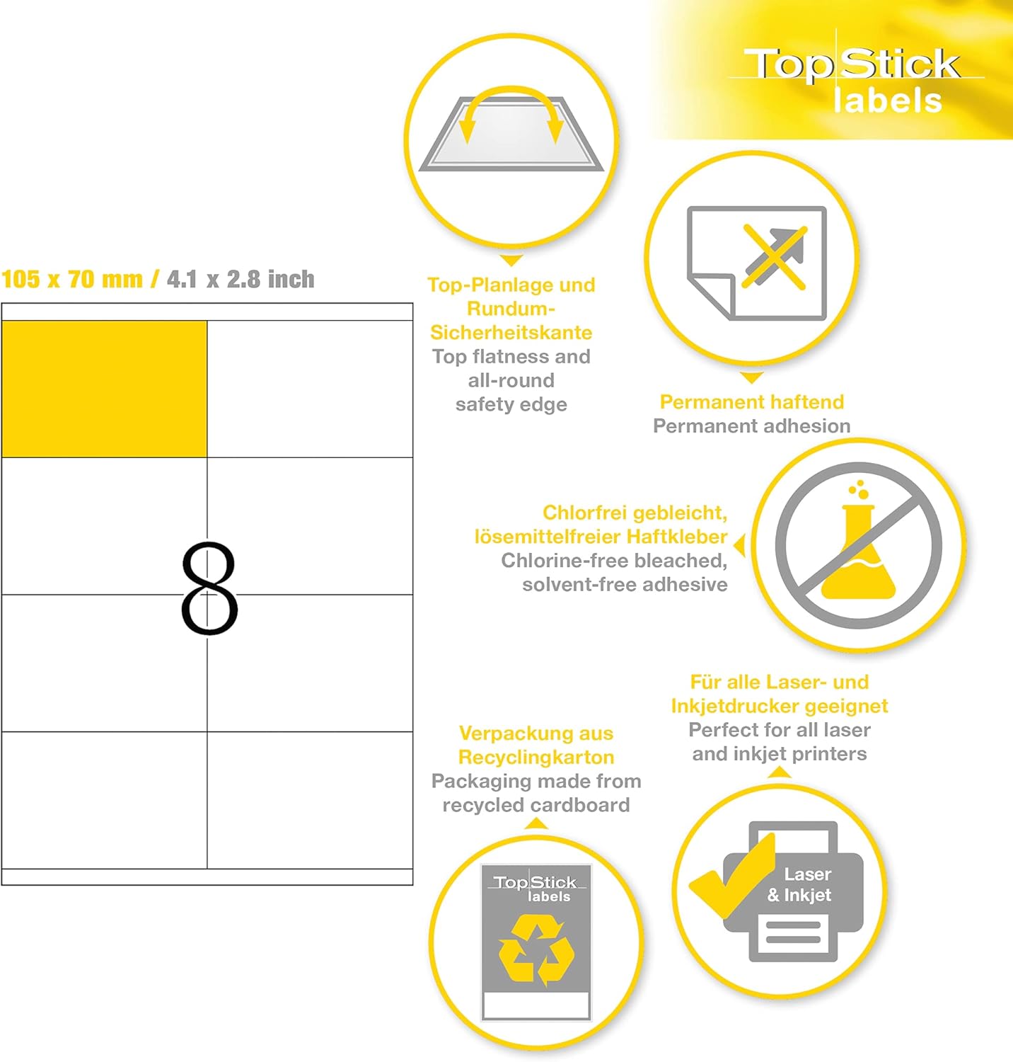 TopStick 8770 Multi-Purpose Labels, 8 Labels Per A4 Sheet, 105 x 70 mm, 800 Labels, Self Adhesive, Large Stickers for Laser and Inkjet Printers, White