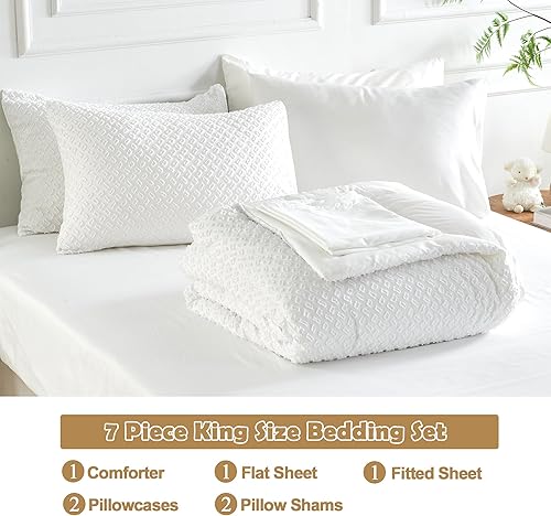 Miniatura 7 de VIVILINEN Juego de edredón de 7 piezas tamaño King, color blanco, bohemio, copetudo, jacquard bordado en una bolsa, juego de edredón con 1 edredón,