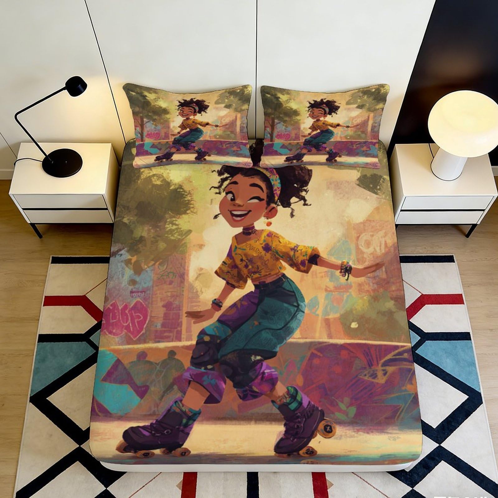 3D Printed Roller Skating Girl Fitted Sheet Microfiber Soft Urban Graffiti Bed Cover for Bedroom Dorm Mattress Decor 160x200x25cm