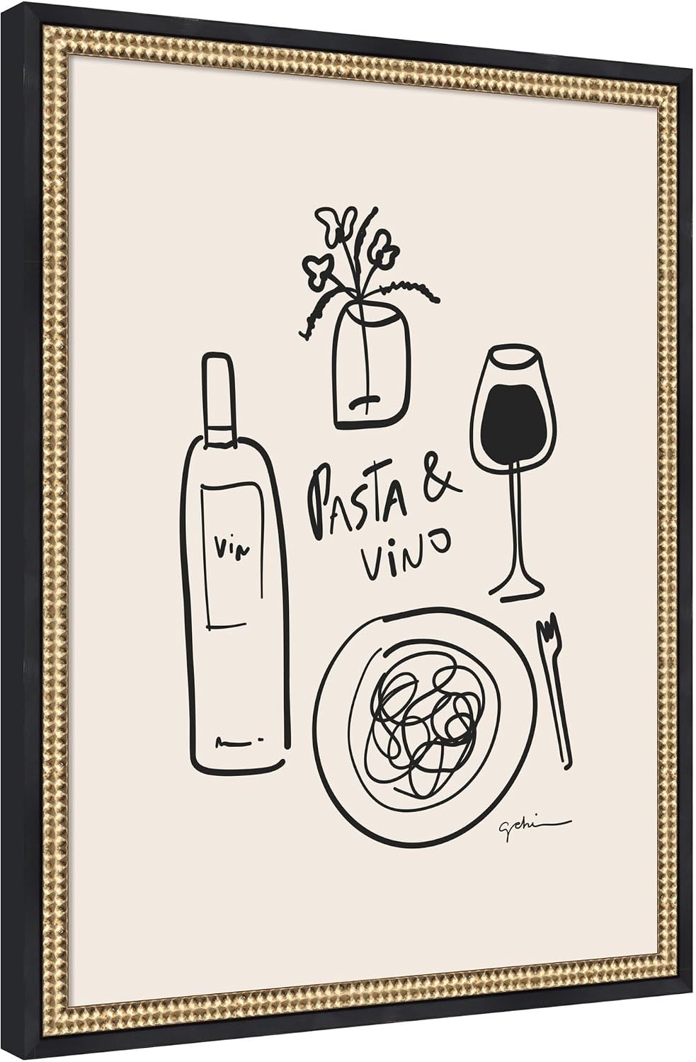 Kate and Laurel Framed Wall Art Print Pasta and Vino by Gabrielly Guedes, 20 x 26, Castellan Black Frame, Modern Contemporary, Cuisine Art for Wall Decor