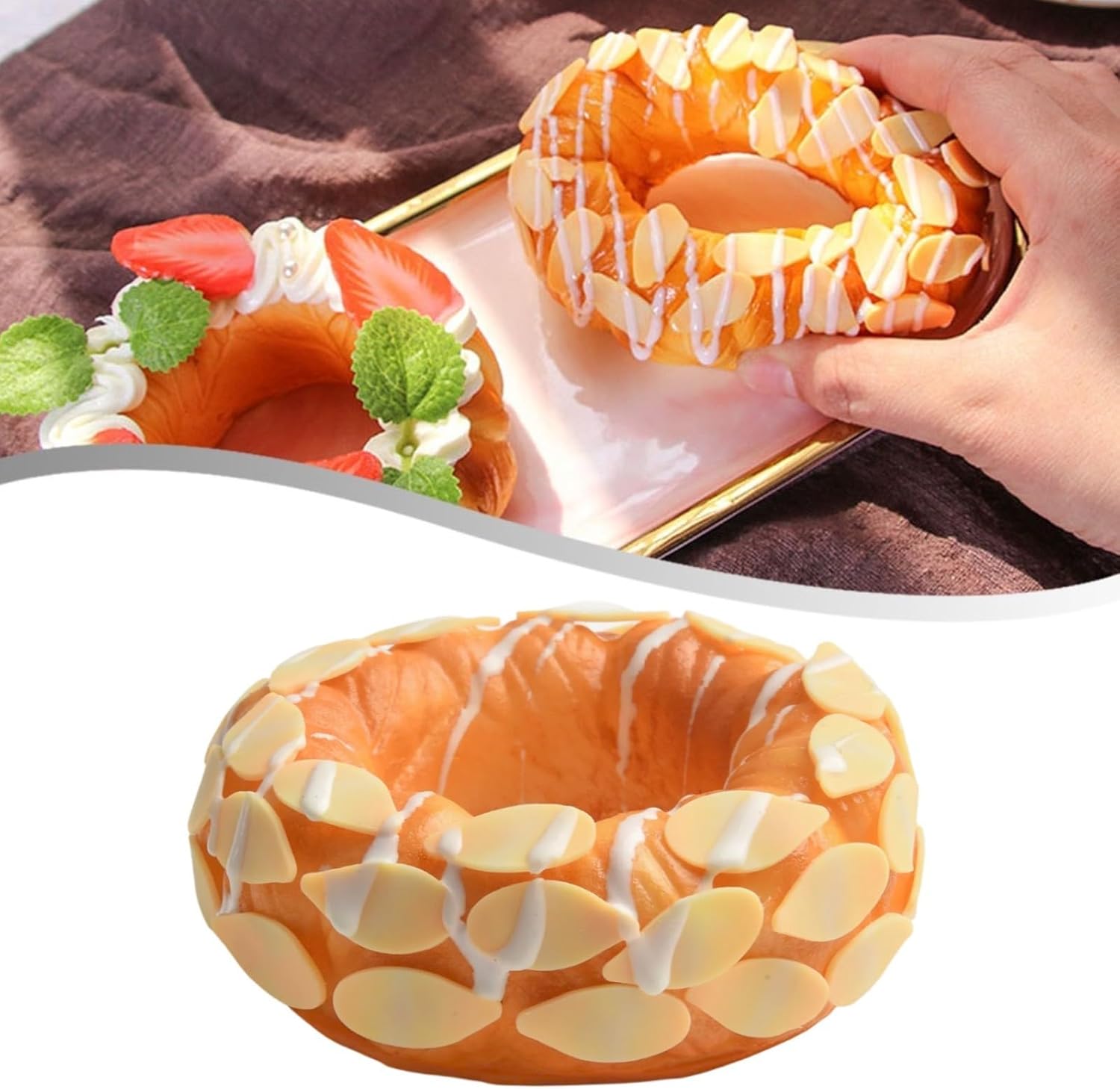 Realistic PU Simulation Fruit Cake & Bread Donut Food Model Decor Bakery Shop Display, DIY Craft, Market Stall, or Role-Play Toy – 10.5 x 10.5 x 5.5 cm(3)