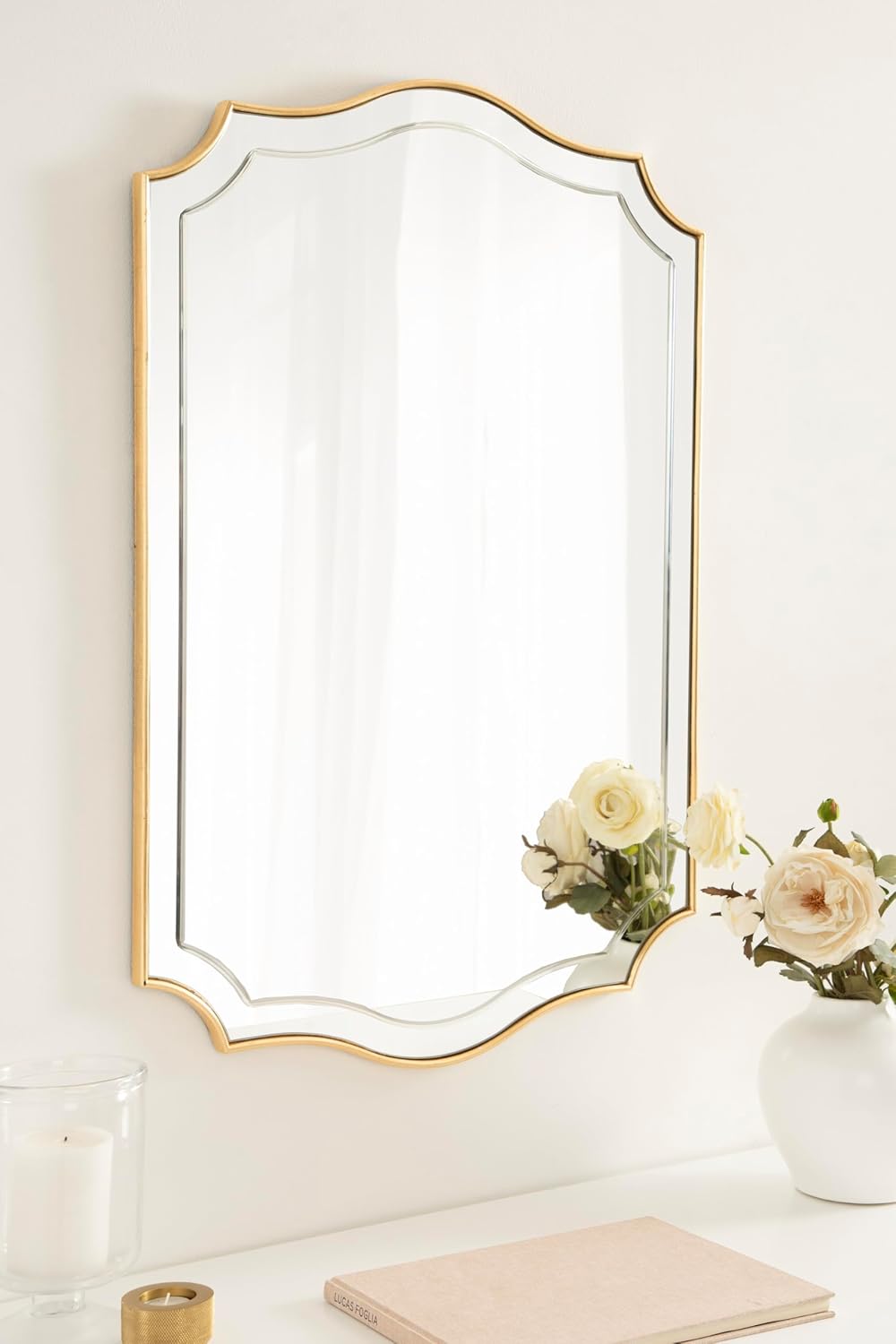 Kate and Laurel Hollyn Glam Scalloped Rectangle Wall Mirror; 24 x 36; Gold; Modern Scallop Mirror with Engraved Border for Bathroom Mirror for Over Sink or Fireplace Mantel Mirror
