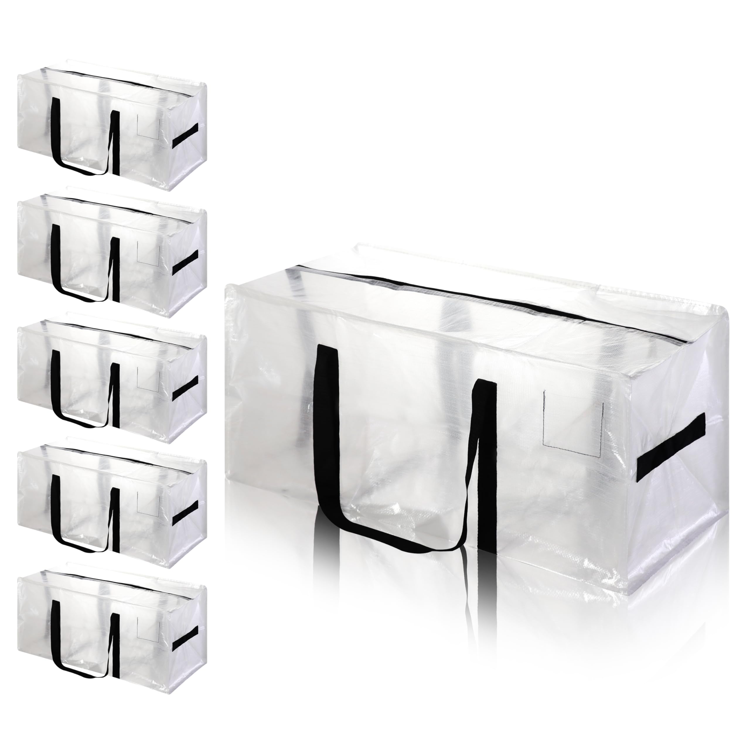 6 Pcs Reusable Clear Large Moving Bags, Thick Material Storage Bags with Black Side Handles & Tag Pocket, 28.7"x14.2"x13" Storage Totes for Clothes Storage, College Dorm, Moving Supplies
