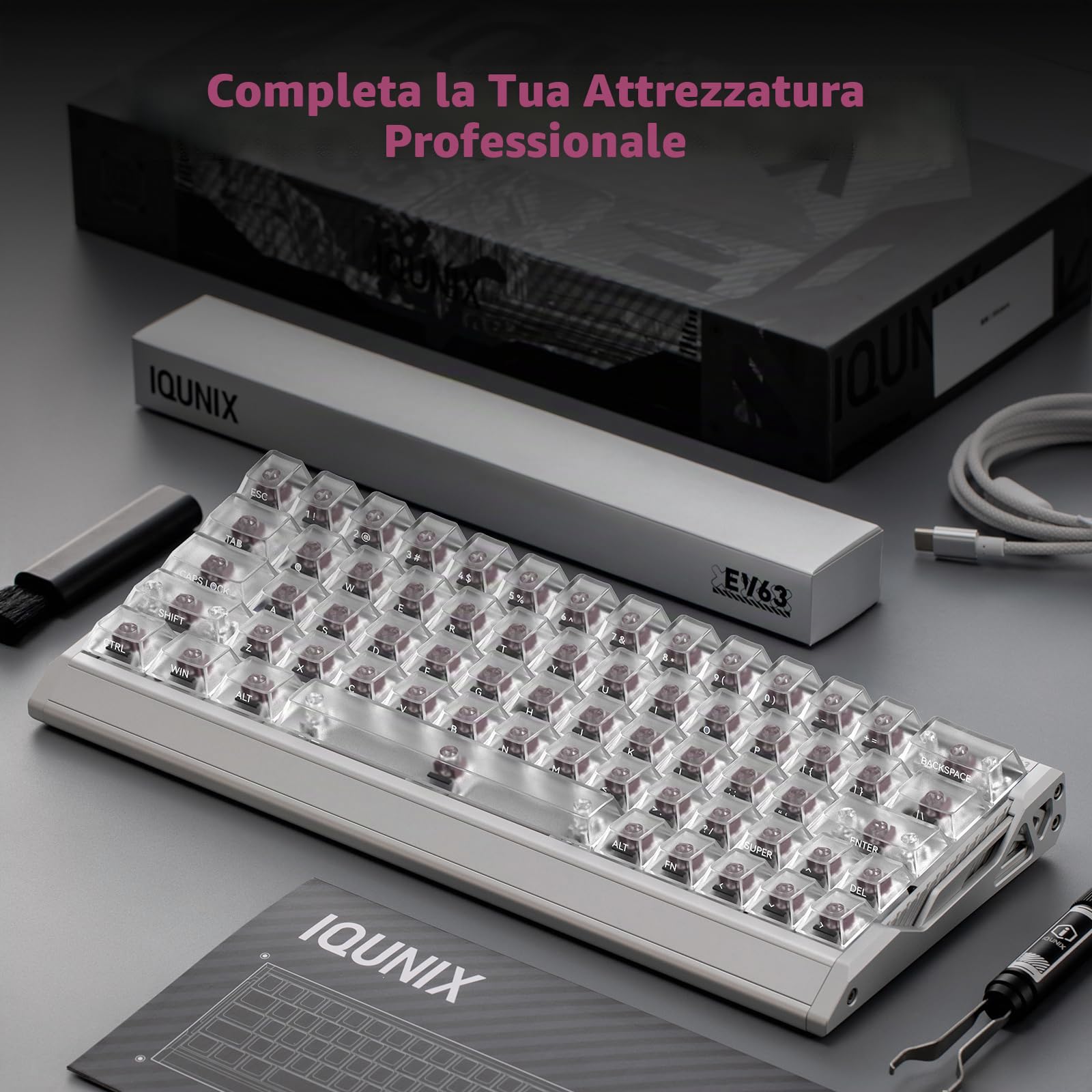 IQUNIX EV63 Tastiera da gioco magnetica effetto Hall 60% | trigger rapido, azionamento regolabile per giocatori FPS, hot swap, SOCD, RGB, custodia completa in alluminio (lama argentata)