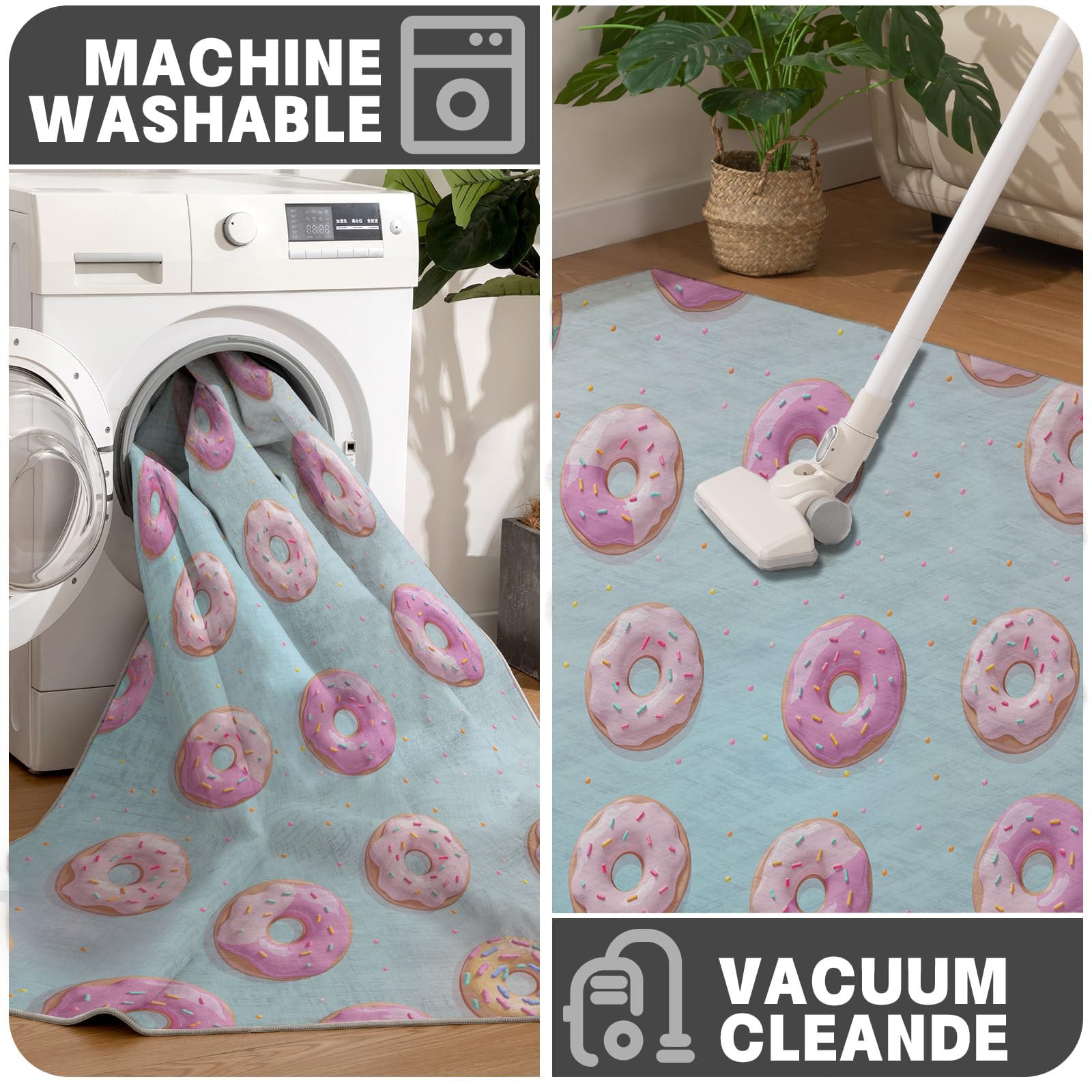 Süß Und Verspielt Teppich Rund 150cm, Donuts Zuckerstreusel Teppich rutschfest Waschbar, flauschig robust Rosa Teppiche, Für Schlafzimmer Wohnzimmer Kinderzimmer Spielzimmer