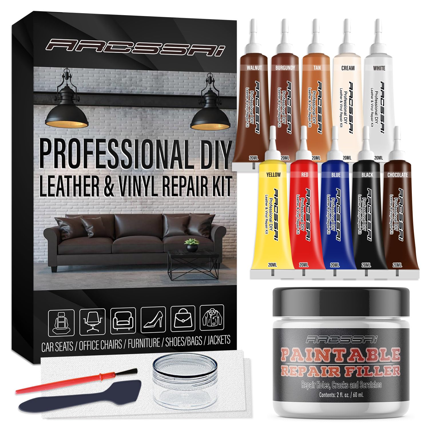 Leather Repair Kit for Furniture, Sofa, Jacket, Car Seats and Purse. Leather Filler Super Easy Instructions to Match Any Color, Restore Any Material, Bonded, Italian, Pleather, Genuine