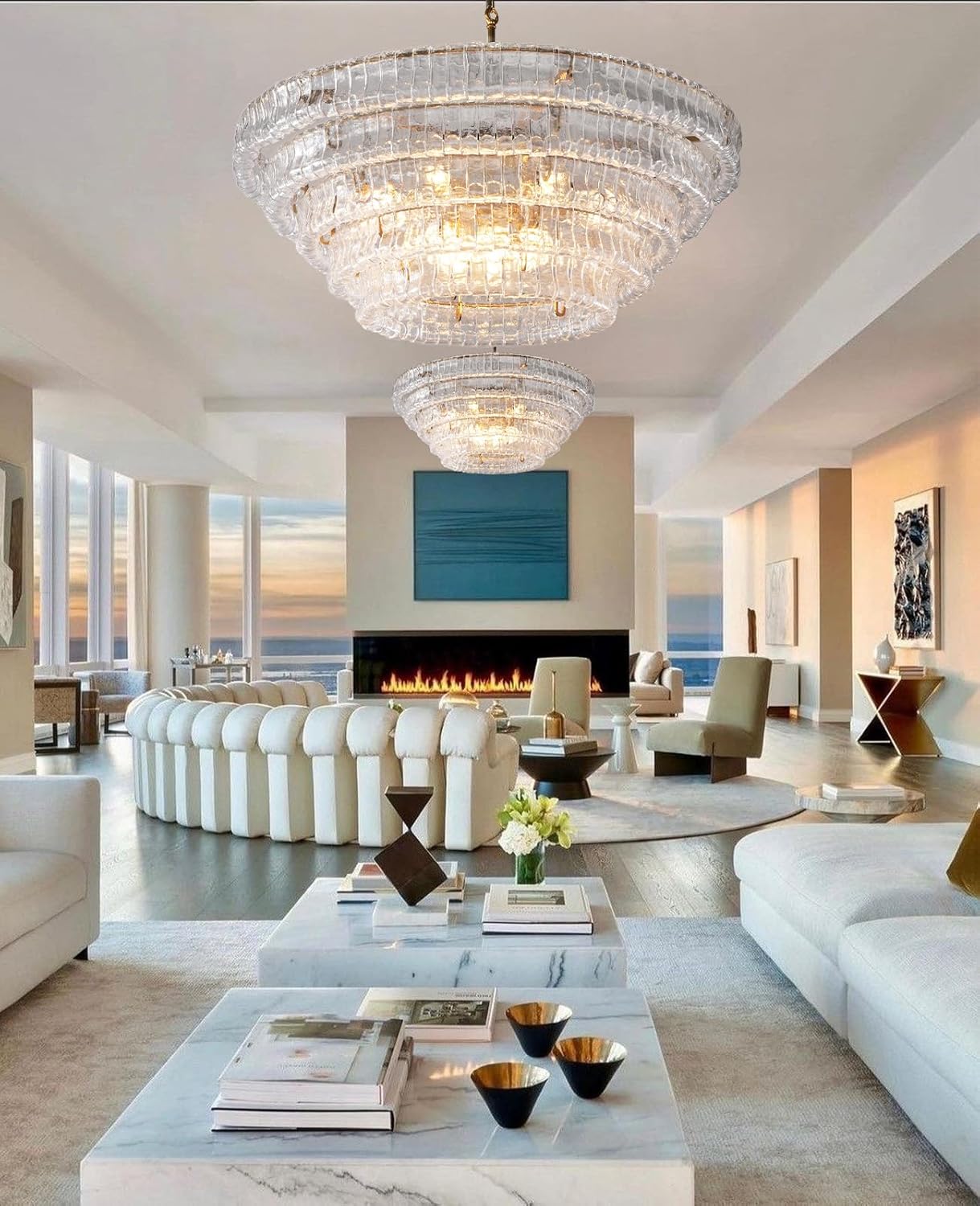 Clear Glass 47 inch Round Chandelier for Dining Room, Modern Drum Pendant Light Fixture with Crystal Glass, Gold Large Ceiling Light Perfect for Living Room, Bedroom